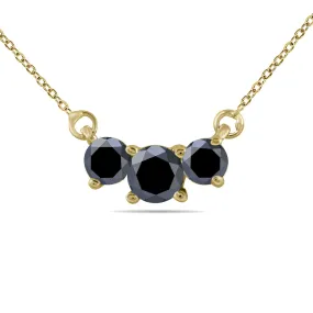 1 Ctw Natural Black Diamond Three Stone Pendant Necklace In 14K Yellow Gold