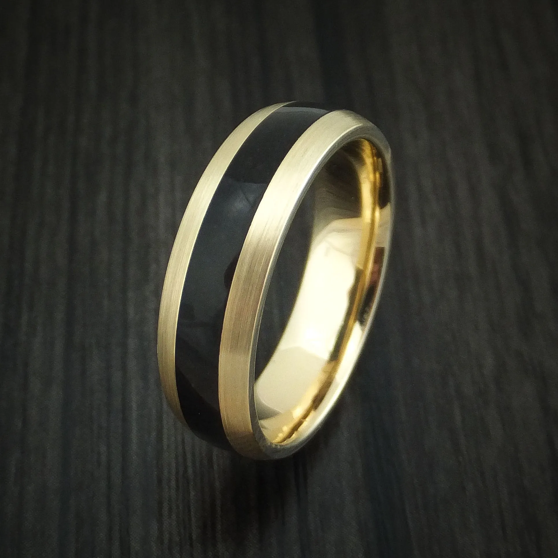 14K Yellow Gold and Black Dinosaur Bone Men's Ring Custom Made Fossil Band