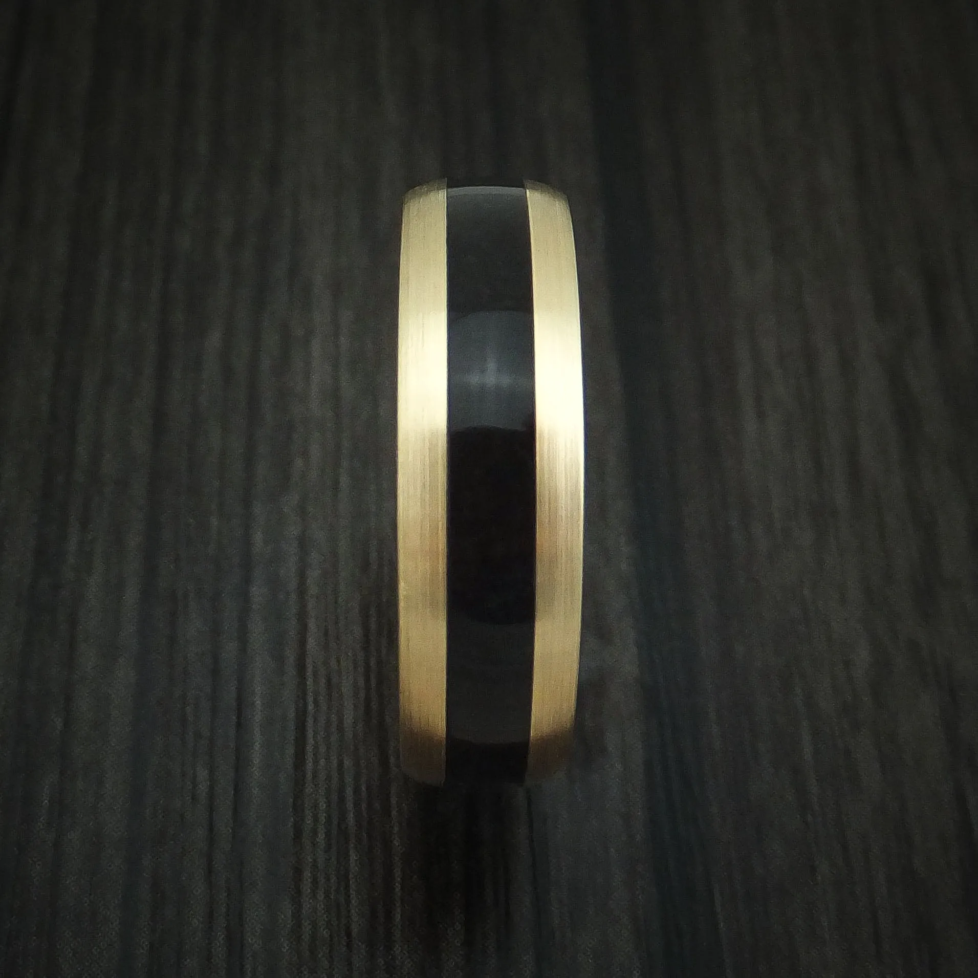 14K Yellow Gold and Black Dinosaur Bone Men's Ring Custom Made Fossil Band