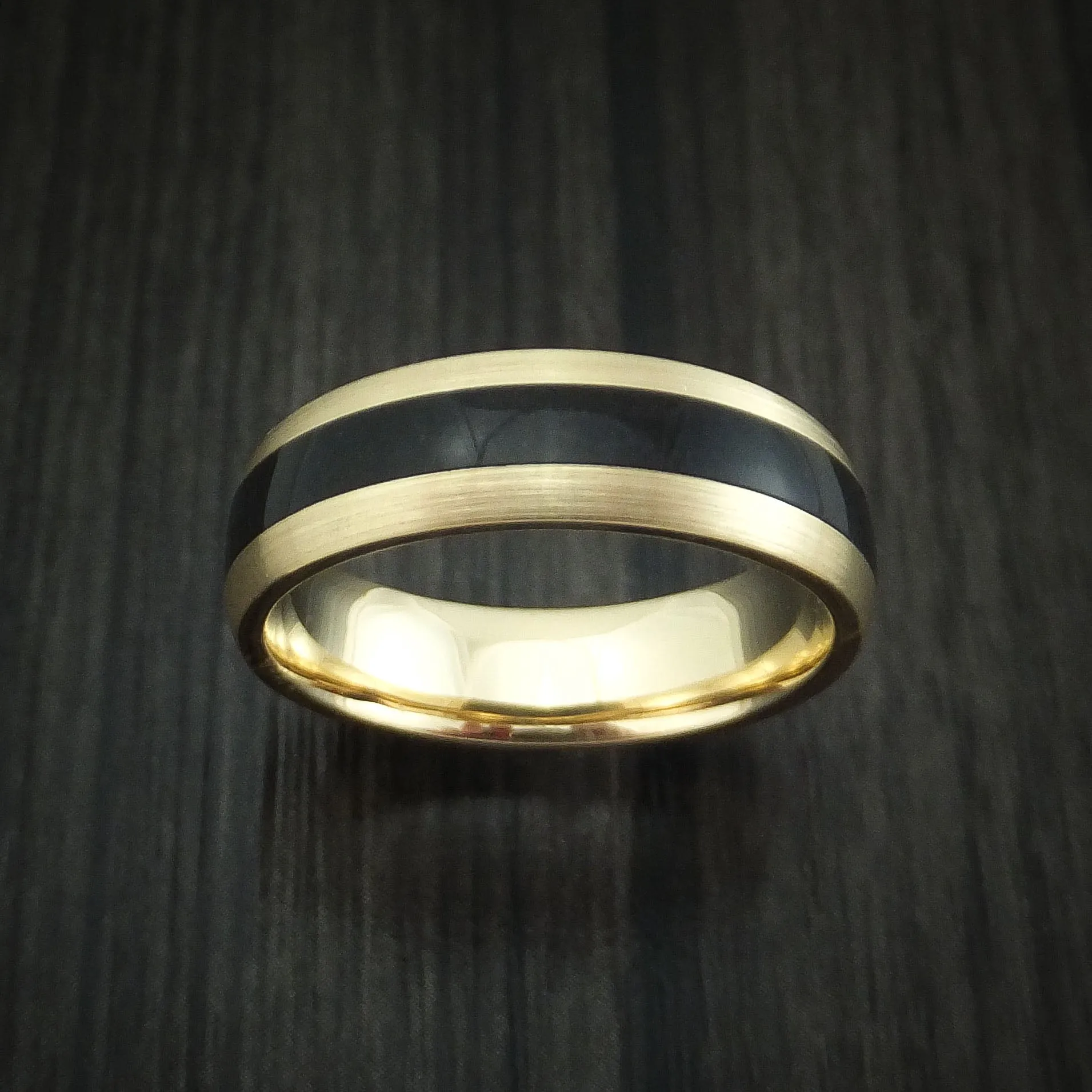 14K Yellow Gold and Black Dinosaur Bone Men's Ring Custom Made Fossil Band