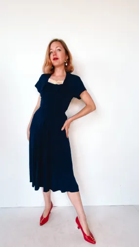 1940s Navy Dress with Lace Collar, sz. XS