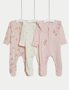 3pk Pure Cotton Bunny & Floral Sleepsuits