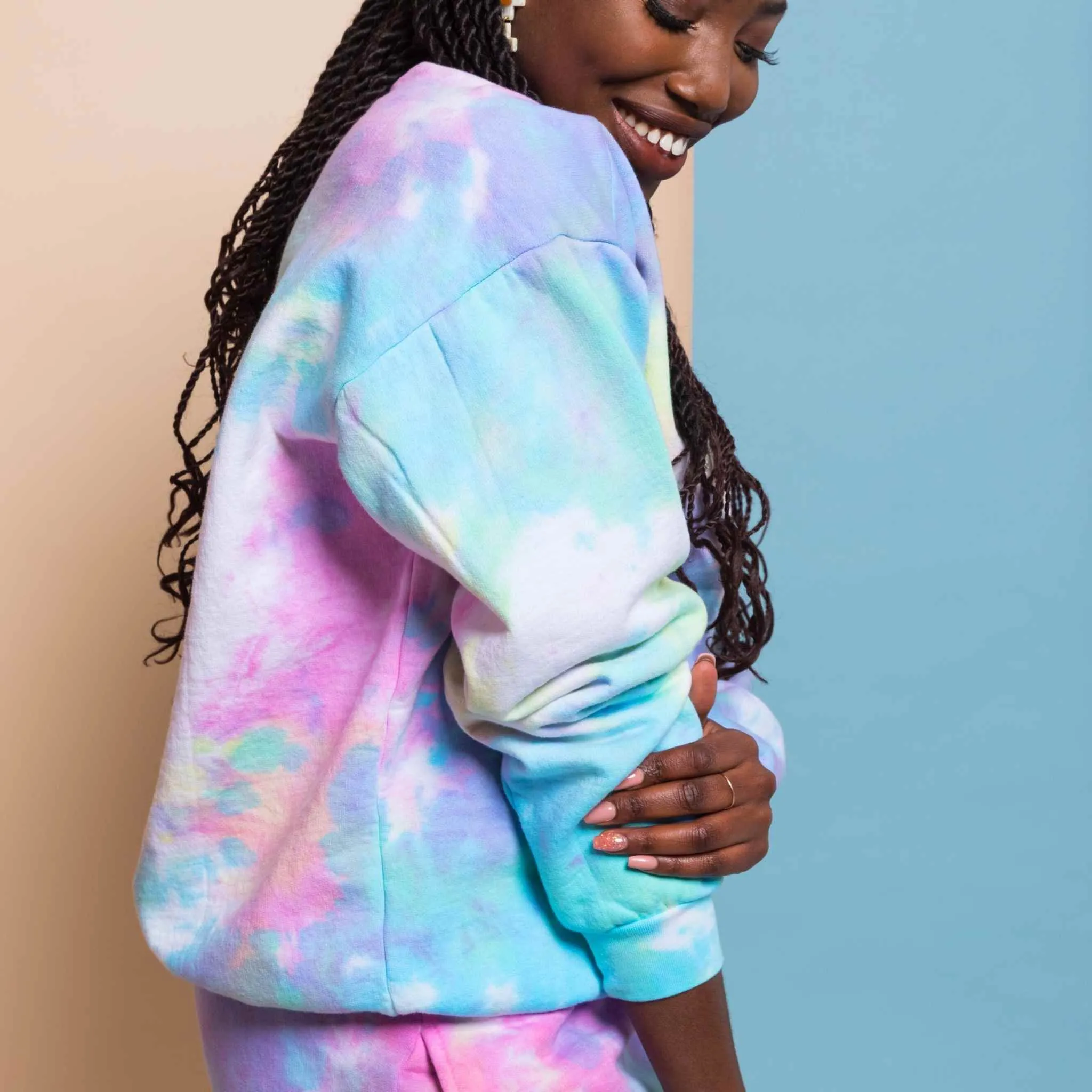 90's pastel goth pink blue and yellow watercolor effect tie dye fleece sweatshirt