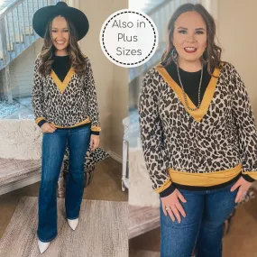 A Wild Mindset Leopard and Black Color Block Top with Yellow Trim