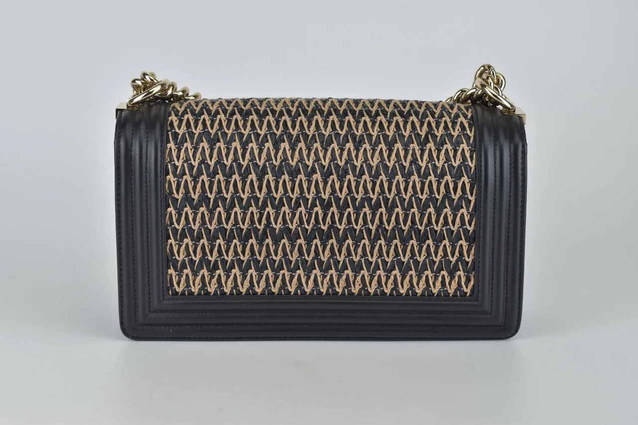 A67085 Chevron Woven Raffia and Leather Old Medium Boy Flap Bag LGHW (2019 Collection by Karl Lagerfeld)