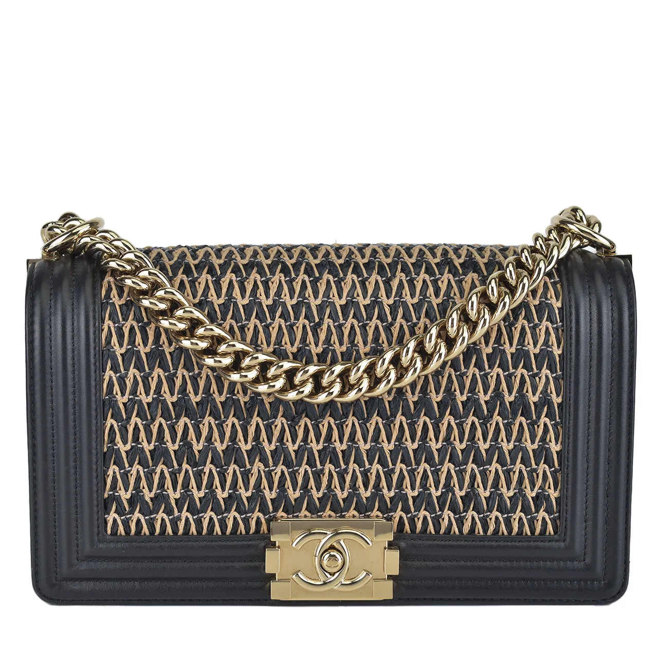 A67085 Chevron Woven Raffia and Leather Old Medium Boy Flap Bag LGHW (2019 Collection by Karl Lagerfeld)