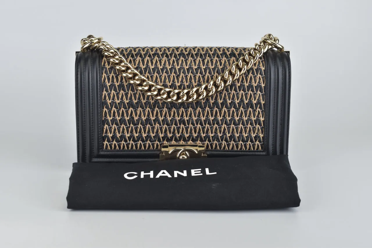 A67085 Chevron Woven Raffia and Leather Old Medium Boy Flap Bag LGHW (2019 Collection by Karl Lagerfeld)