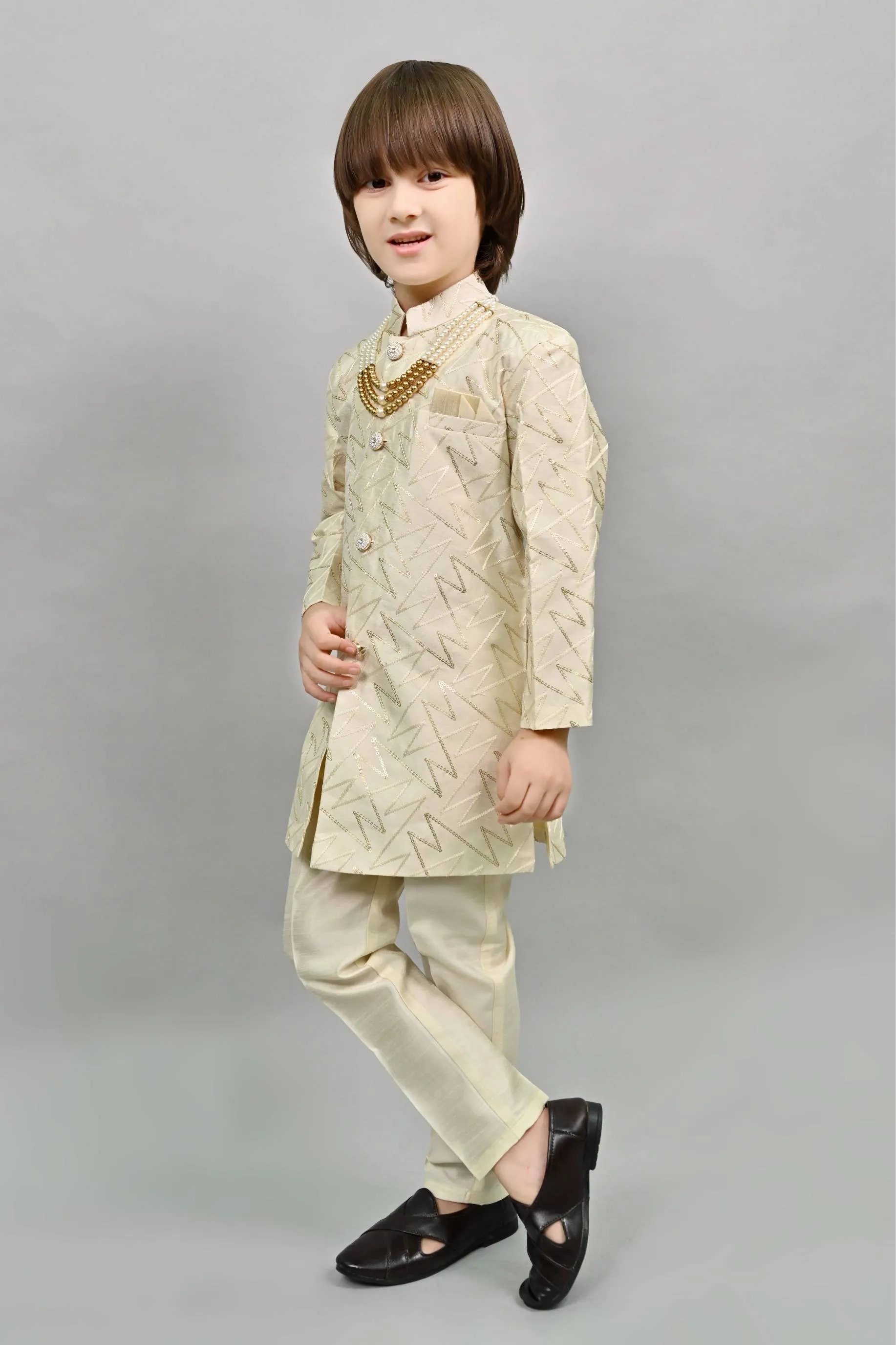 Ahhaaaa Kids Ethnic Jacquard Sequin Print Indo-Western Sherwani Set with Maala for Boys