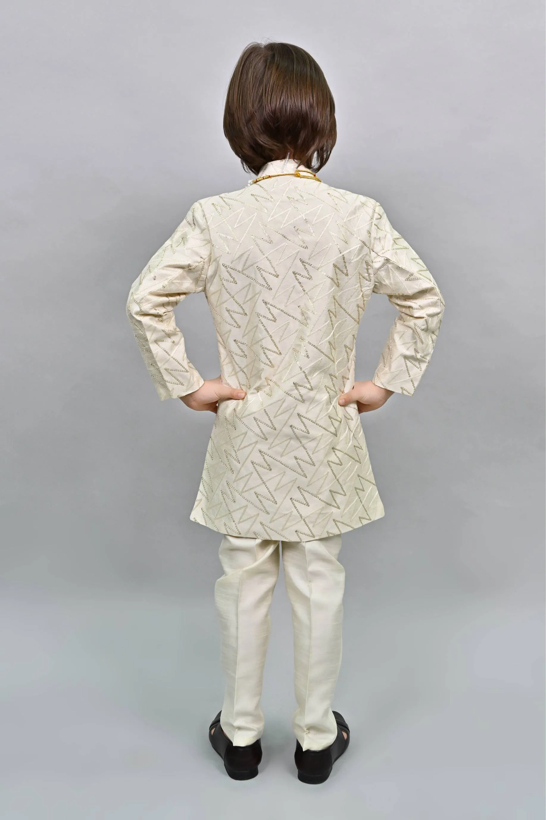 Ahhaaaa Kids Ethnic Jacquard Sequin Print Indo-Western Sherwani Set with Maala for Boys