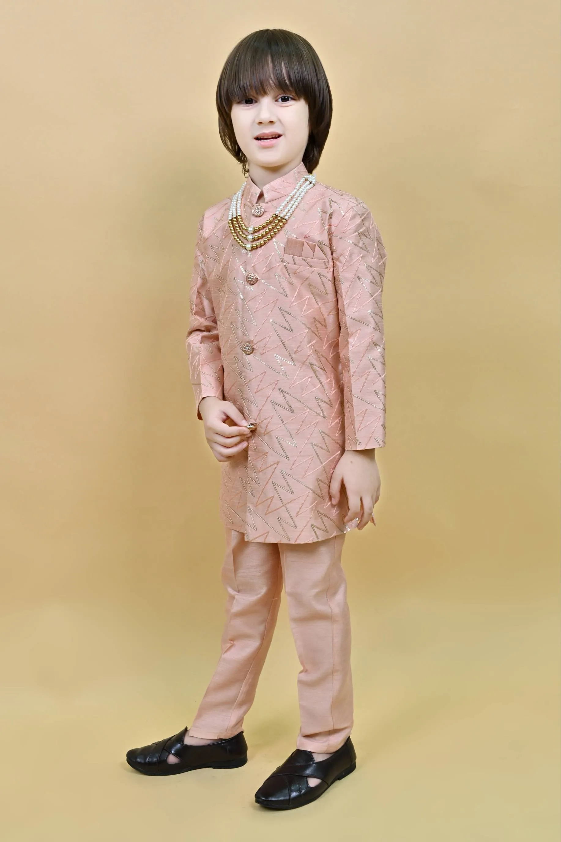 Ahhaaaa Kids Ethnic Jacquard Sequin Print Indo-Western Sherwani Set with Maala for Boys