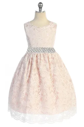 All Lace Girls Dress with V Back & Bow and Thick Rhinestone Trim