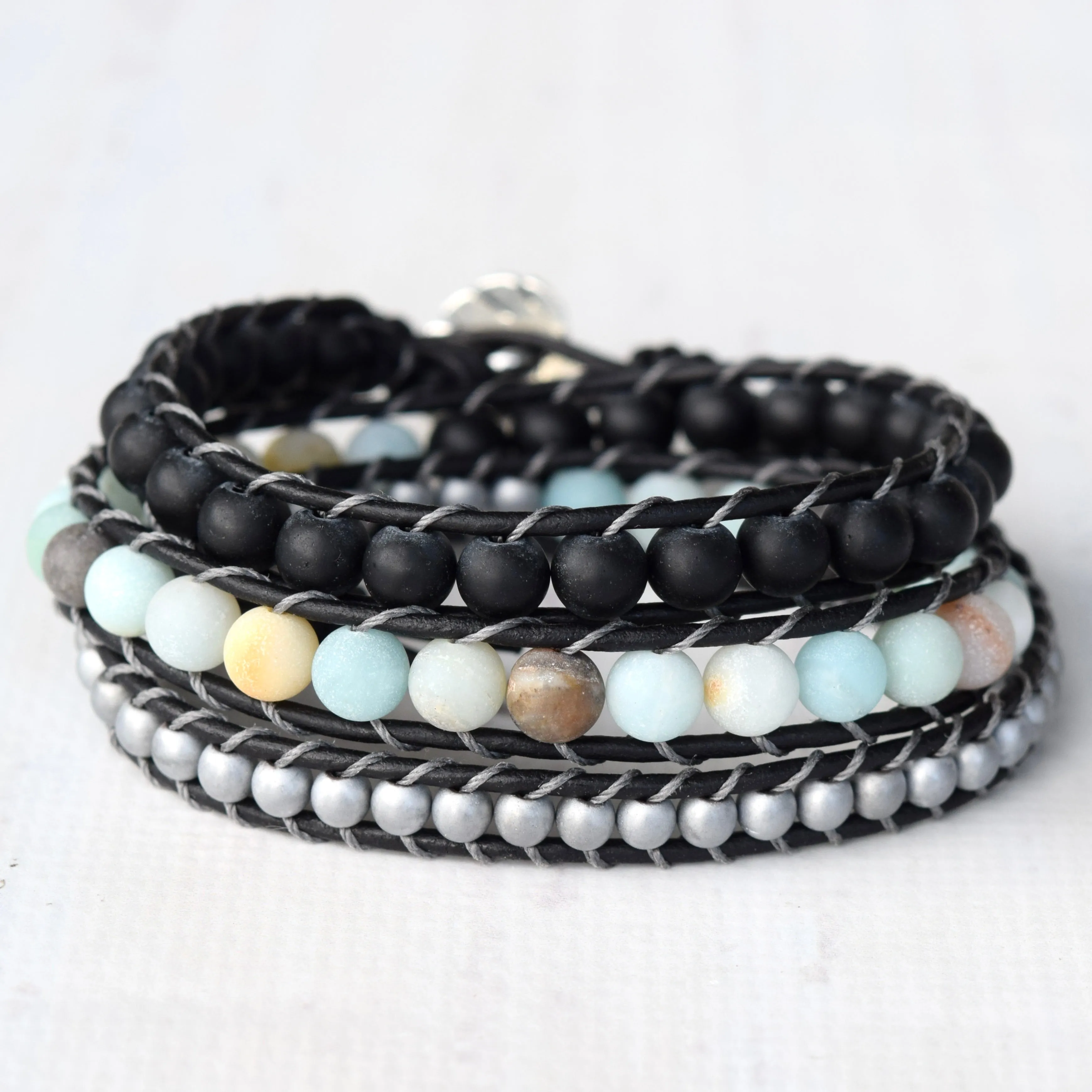 Amazonite, Onyx, & Hematite Beaded Spring Wrap Bracelet