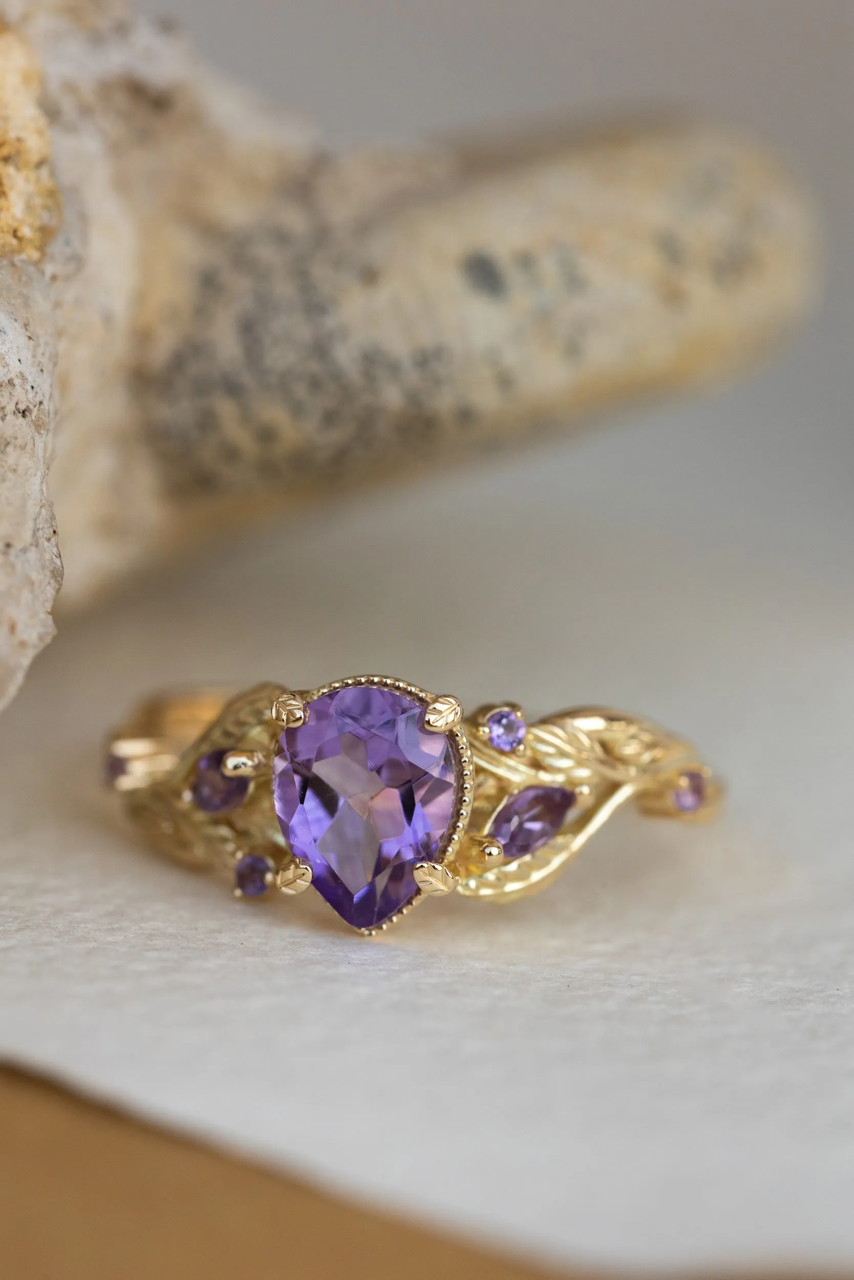 Amethyst engagement ring, gold vines and leaves proposal ring / Patricia