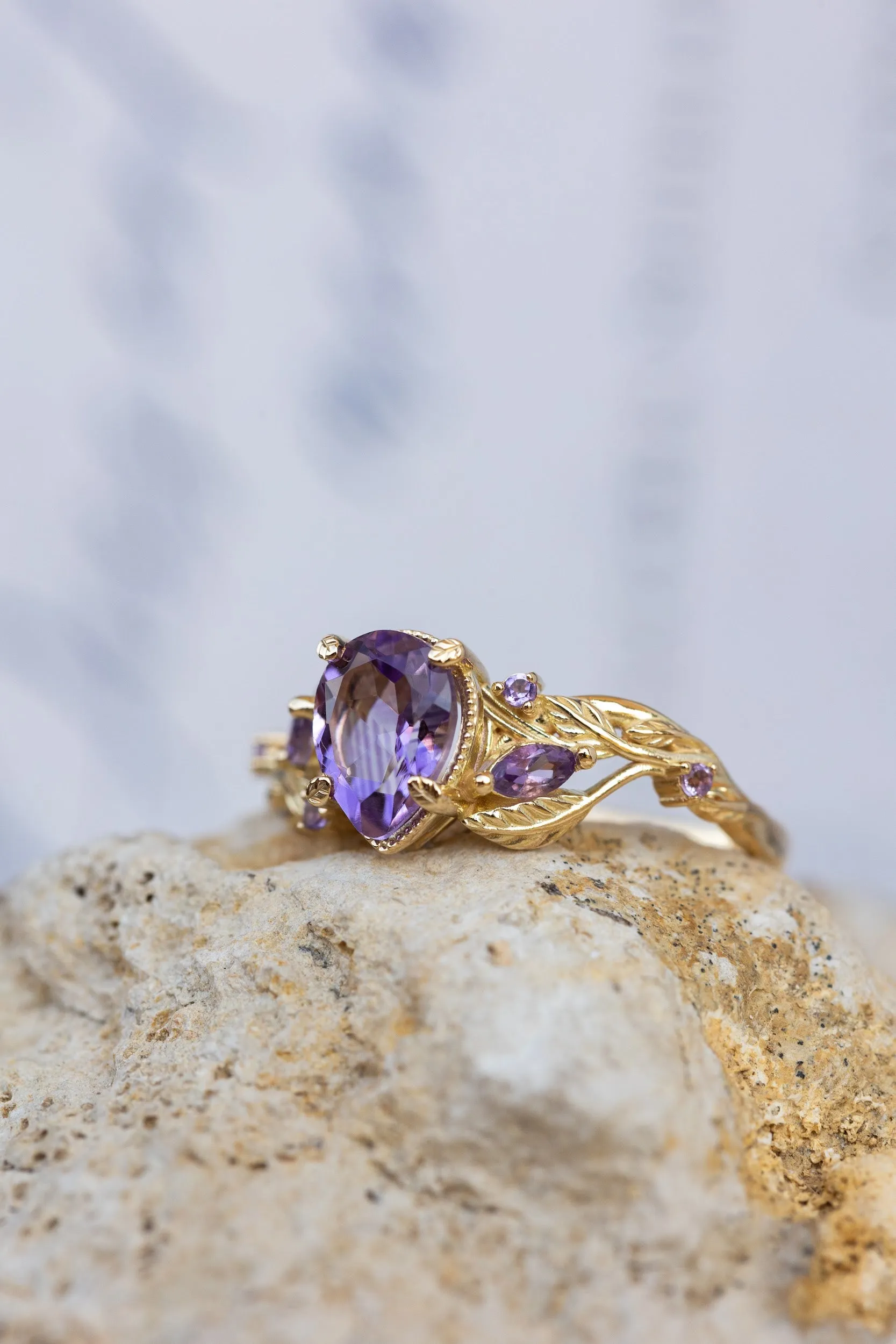 Amethyst engagement ring, gold vines and leaves proposal ring / Patricia