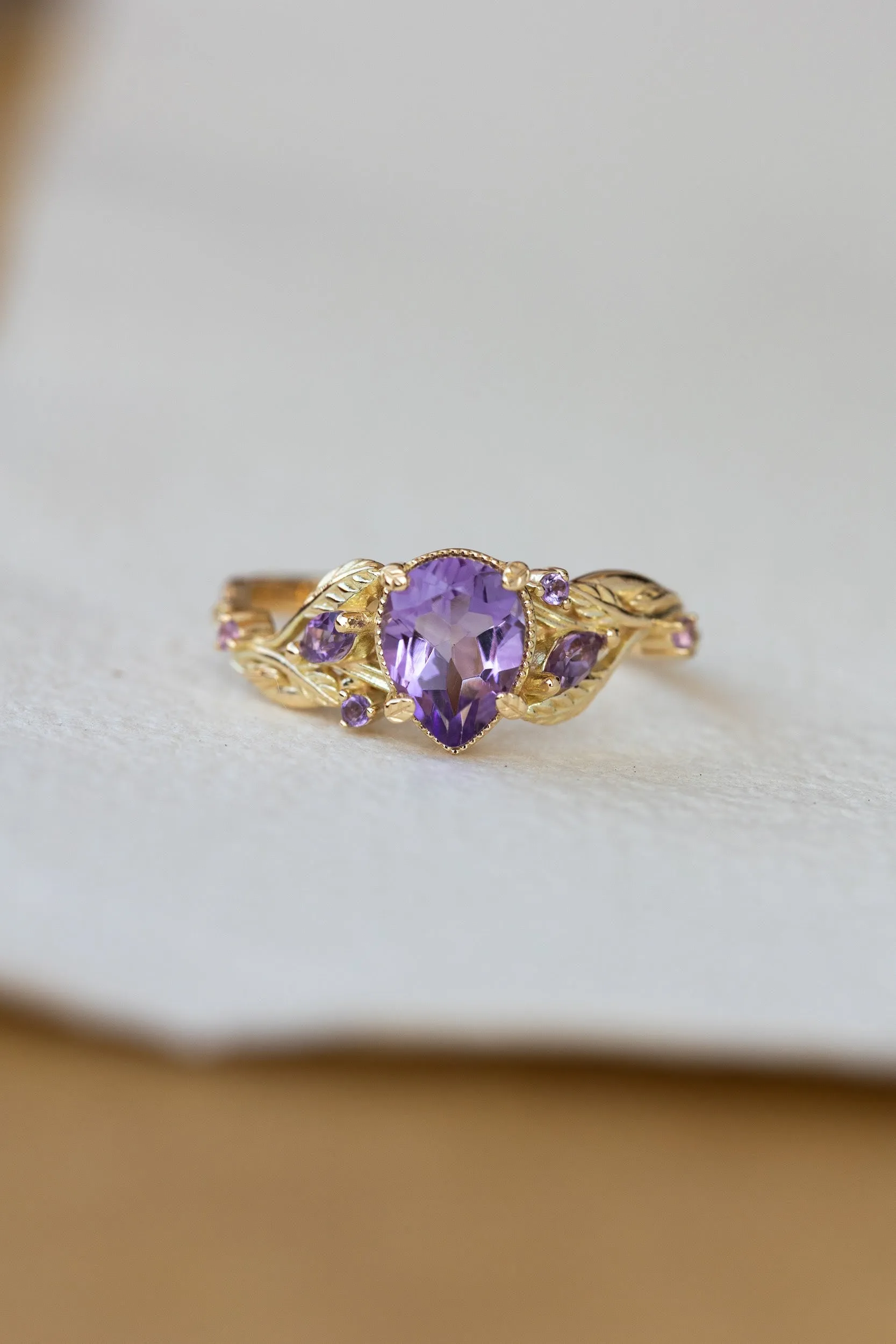 Amethyst engagement ring, gold vines and leaves proposal ring / Patricia