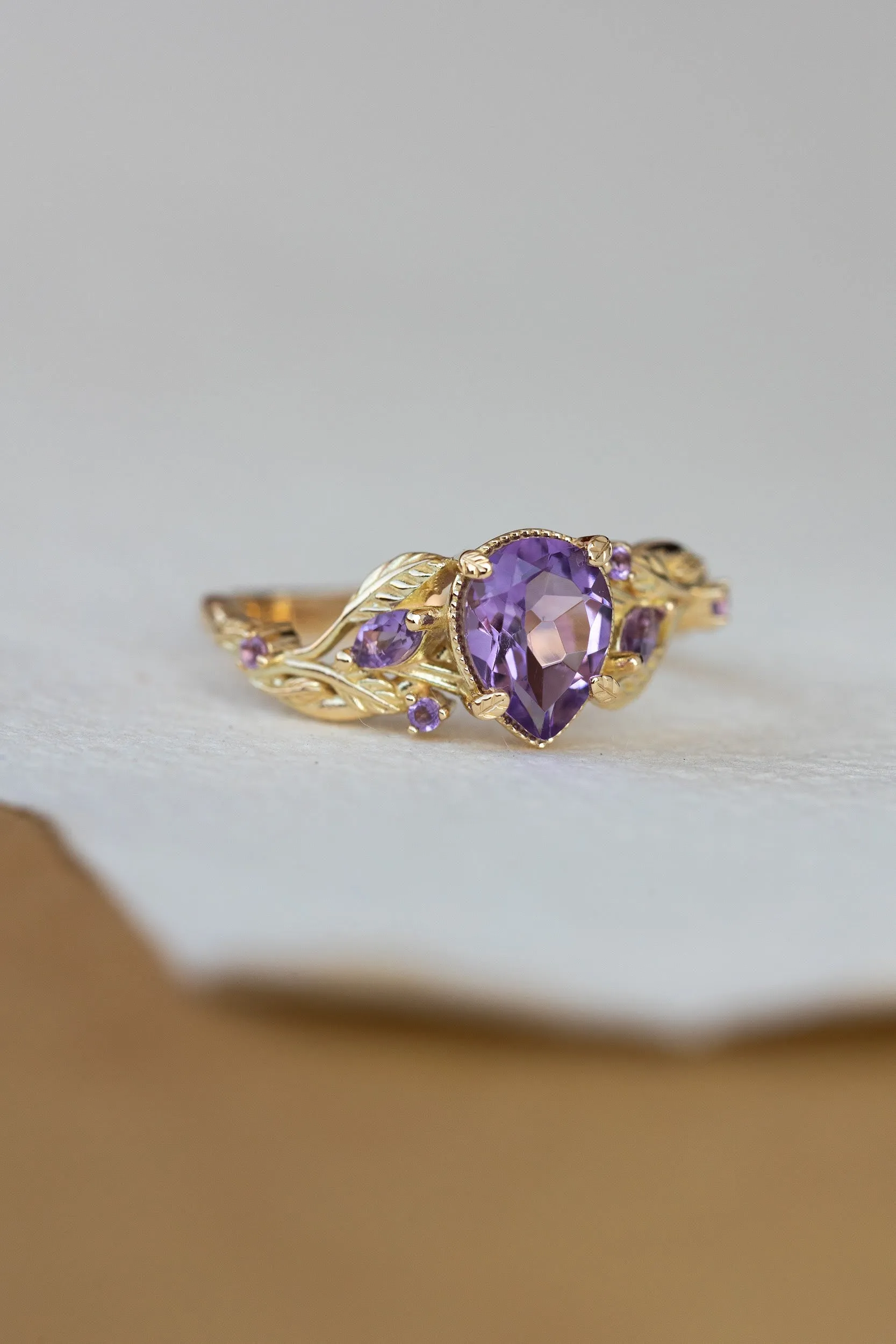 Amethyst engagement ring, gold vines and leaves proposal ring / Patricia