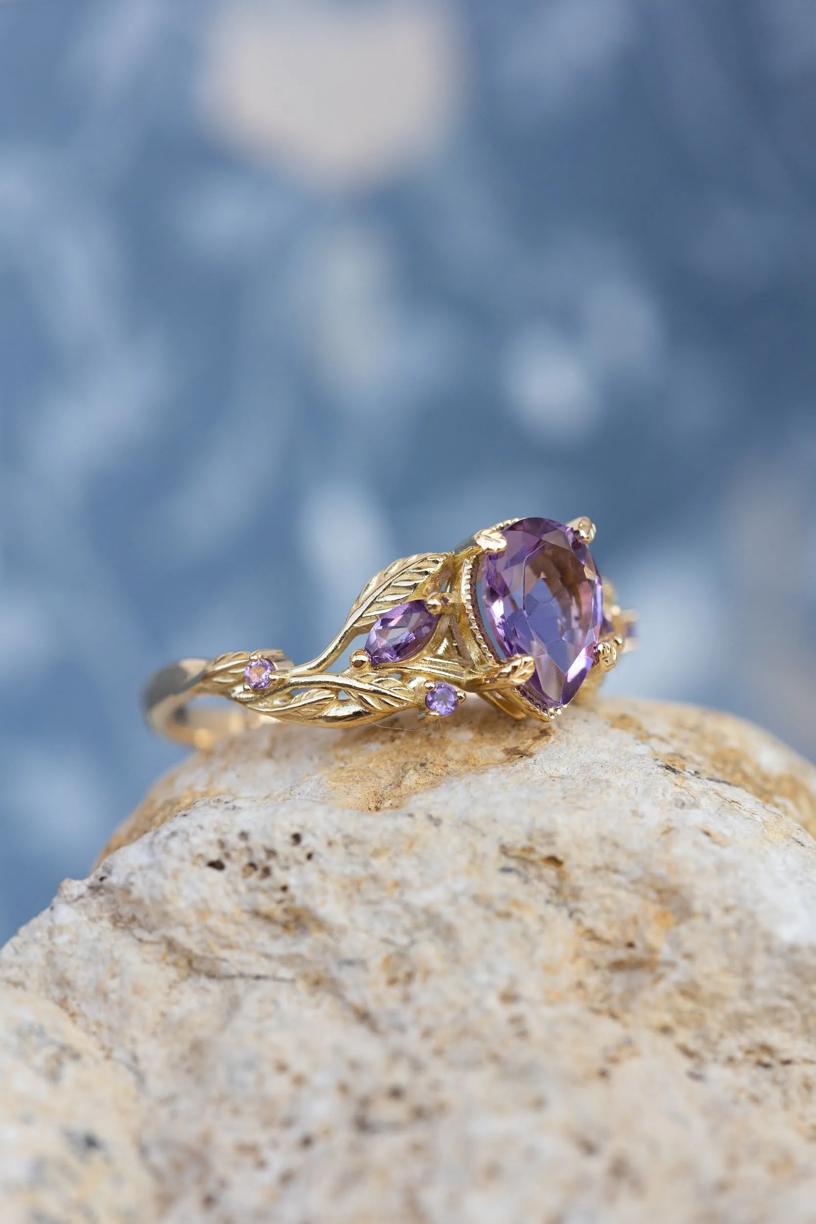 Amethyst engagement ring, gold vines and leaves proposal ring / Patricia