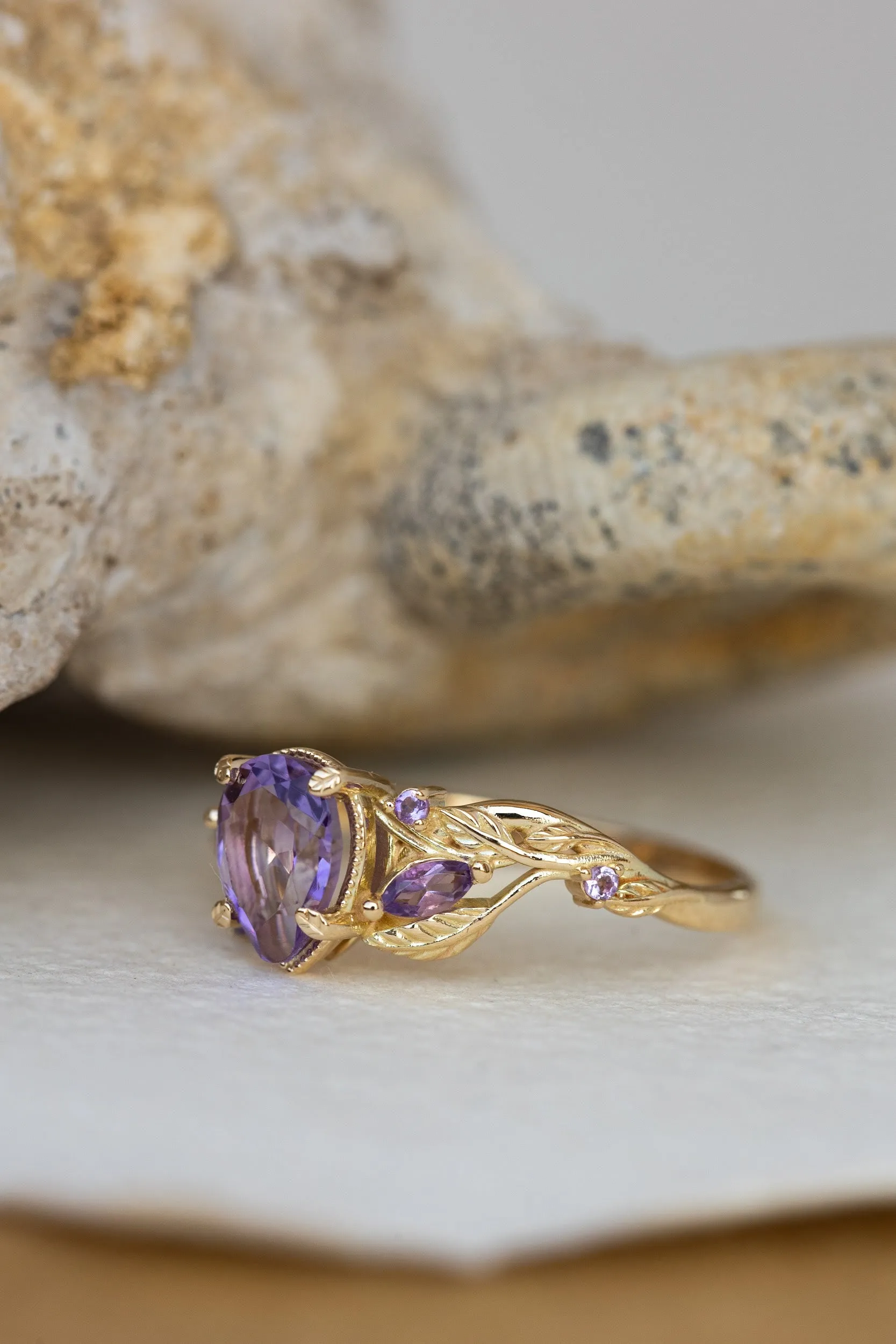 Amethyst engagement ring, gold vines and leaves proposal ring / Patricia