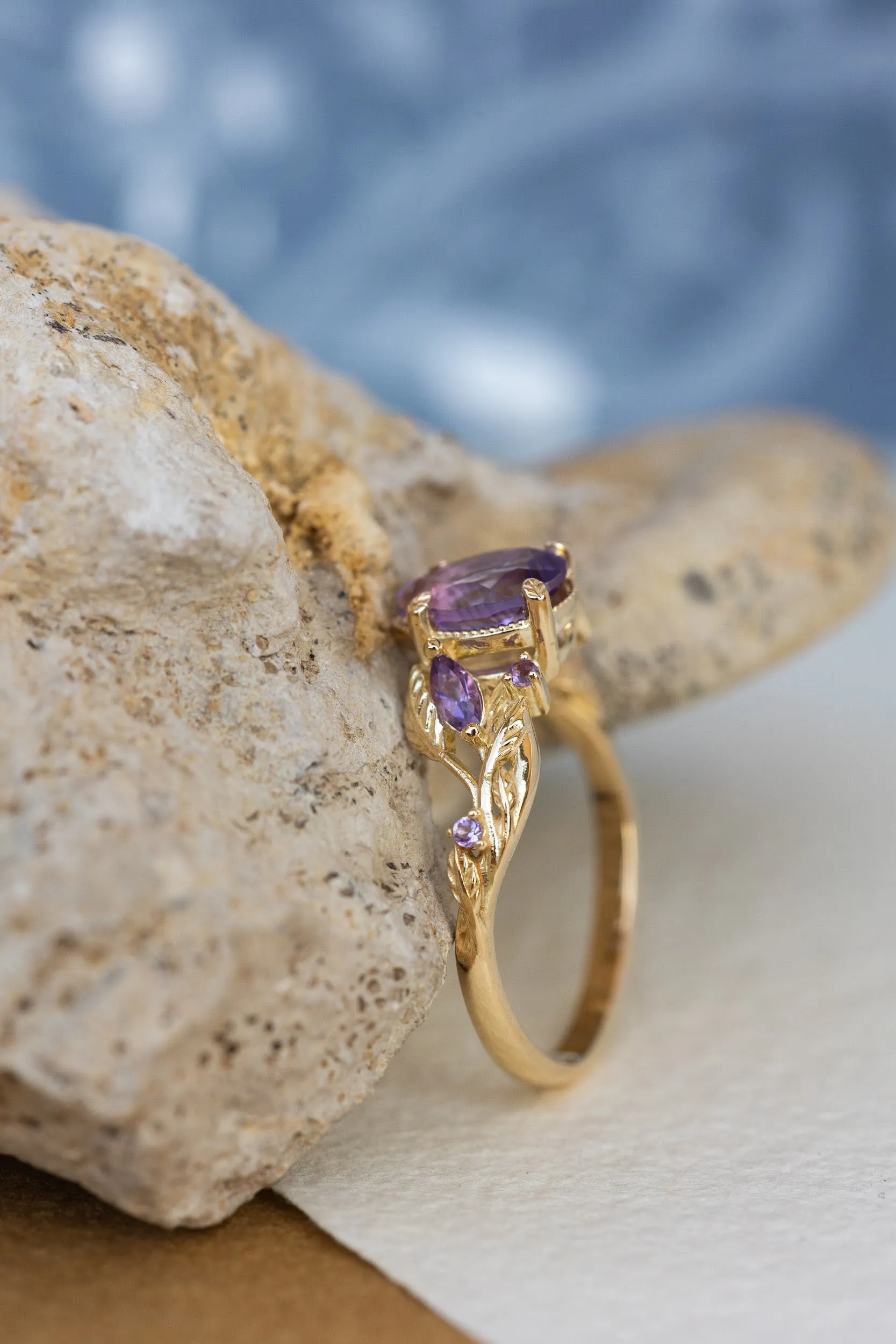 Amethyst engagement ring, gold vines and leaves proposal ring / Patricia