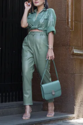 Aqua Sequins and Green Leather Co-ord Set