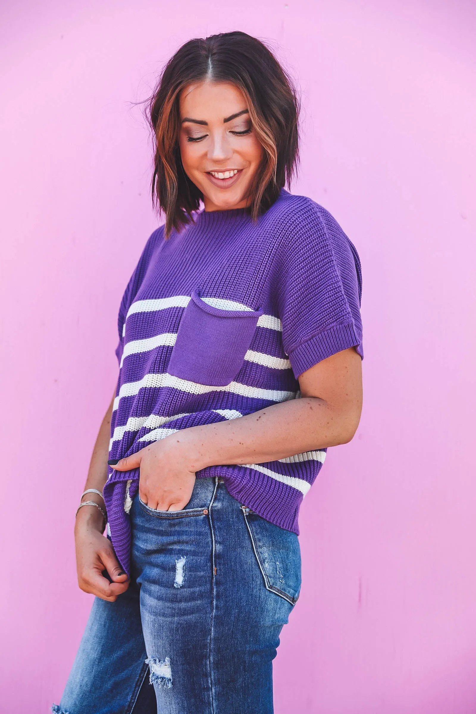 Bailey Striped Knit Top-Purple