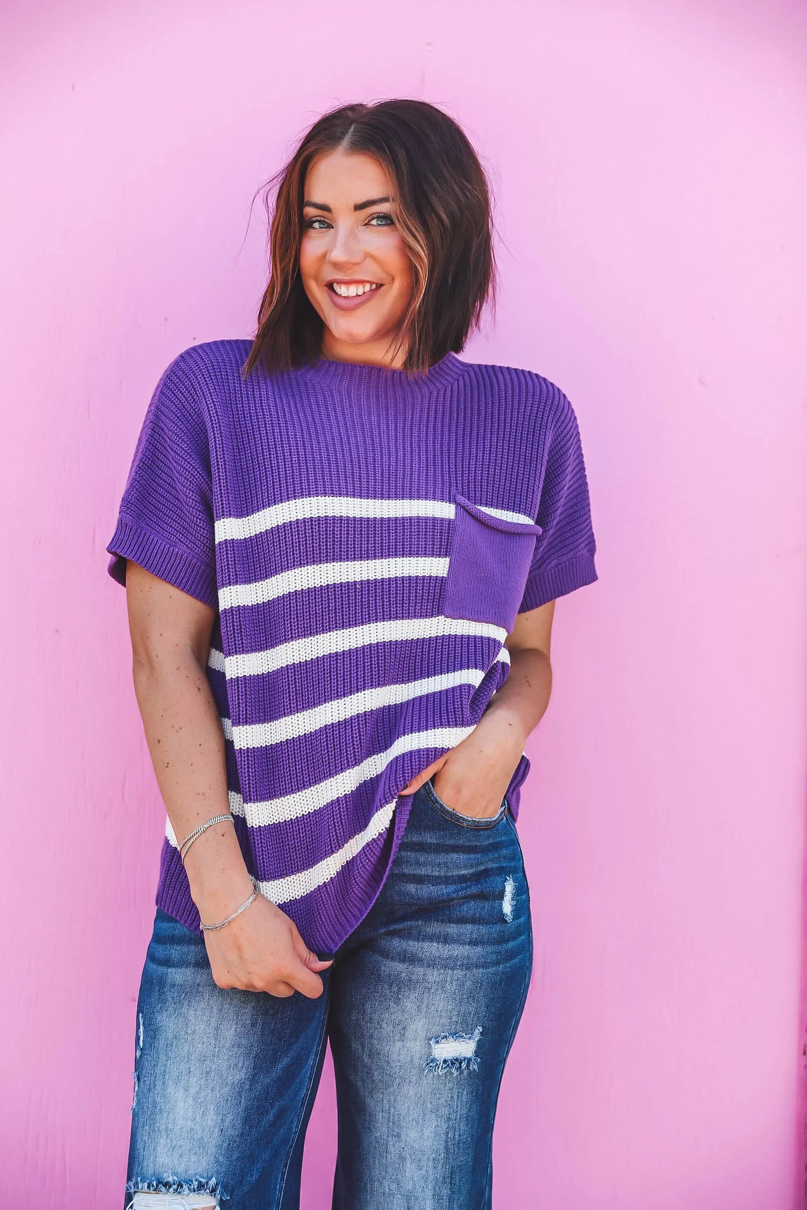 Bailey Striped Knit Top-Purple