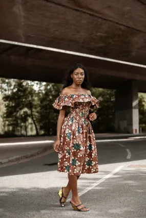 Beautiful African Midi Dress In Metallic Gold Brown