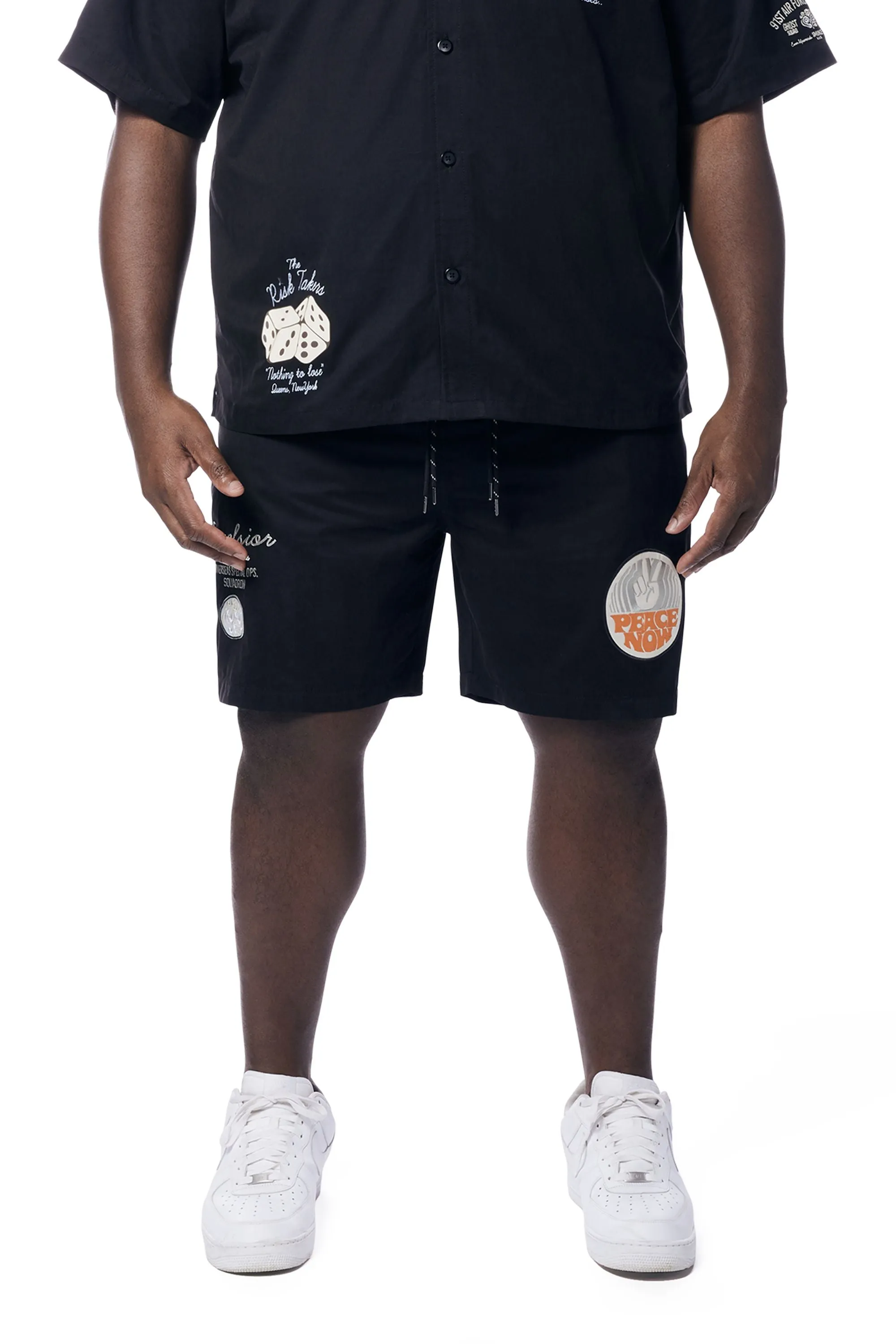 Big and Tall - Fashion Military Windbreaker Shorts - Black