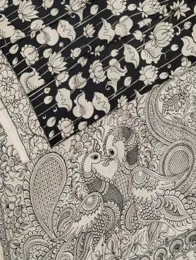 Black And White Hand Painted Kalamkari Chennur Silk Saree