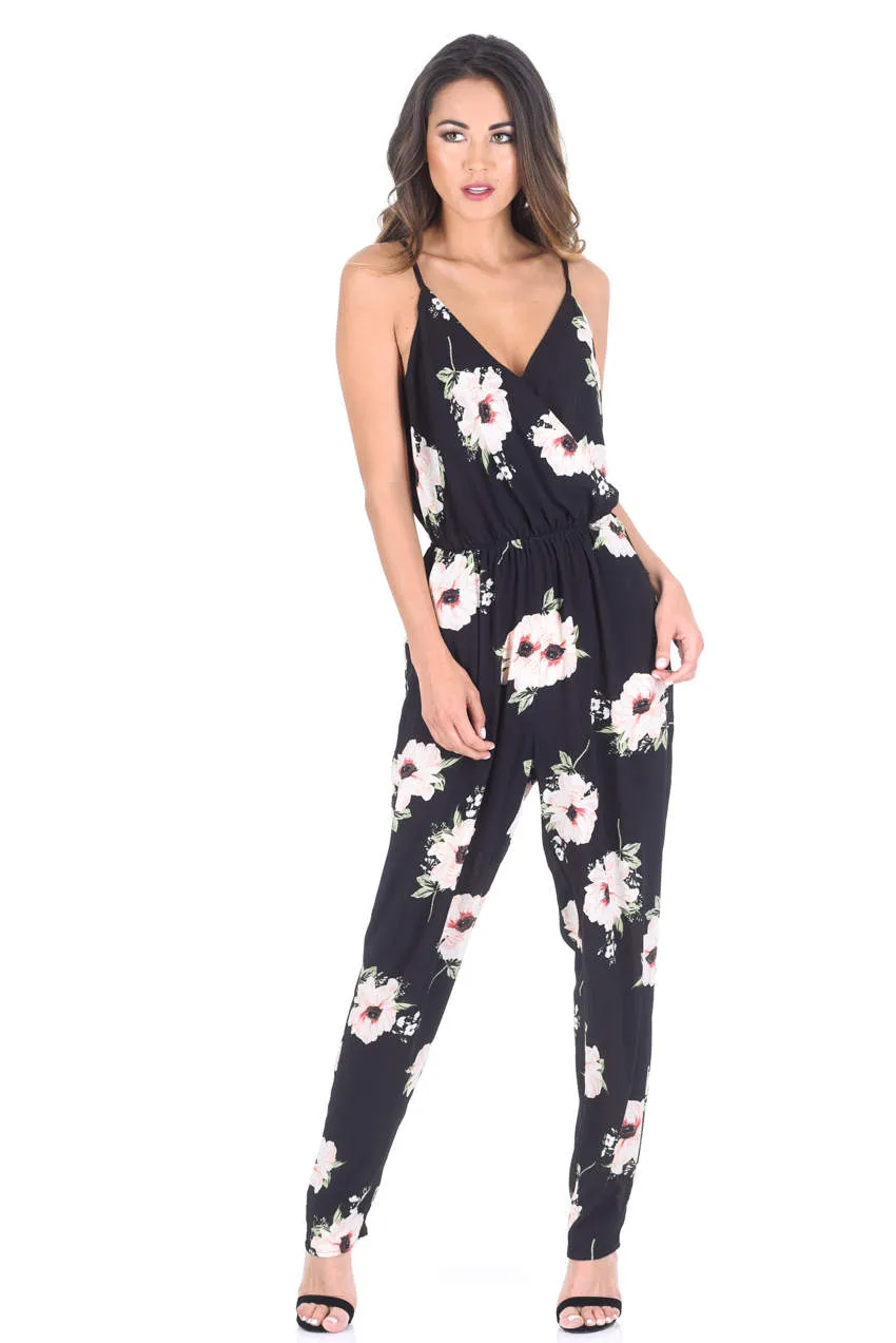 Black Floral Print Jumpsuit