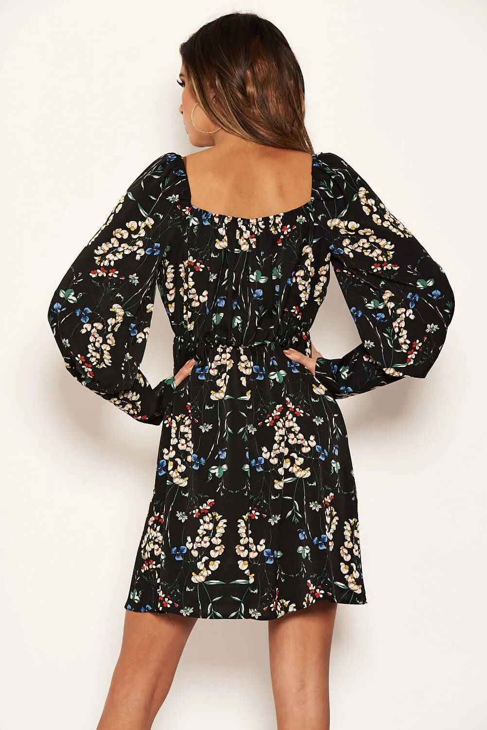 Black Floral Print Puff Sleeve Dress