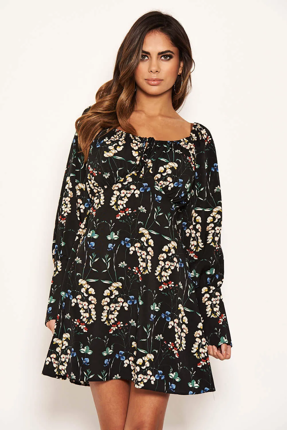 Black Floral Print Puff Sleeve Dress