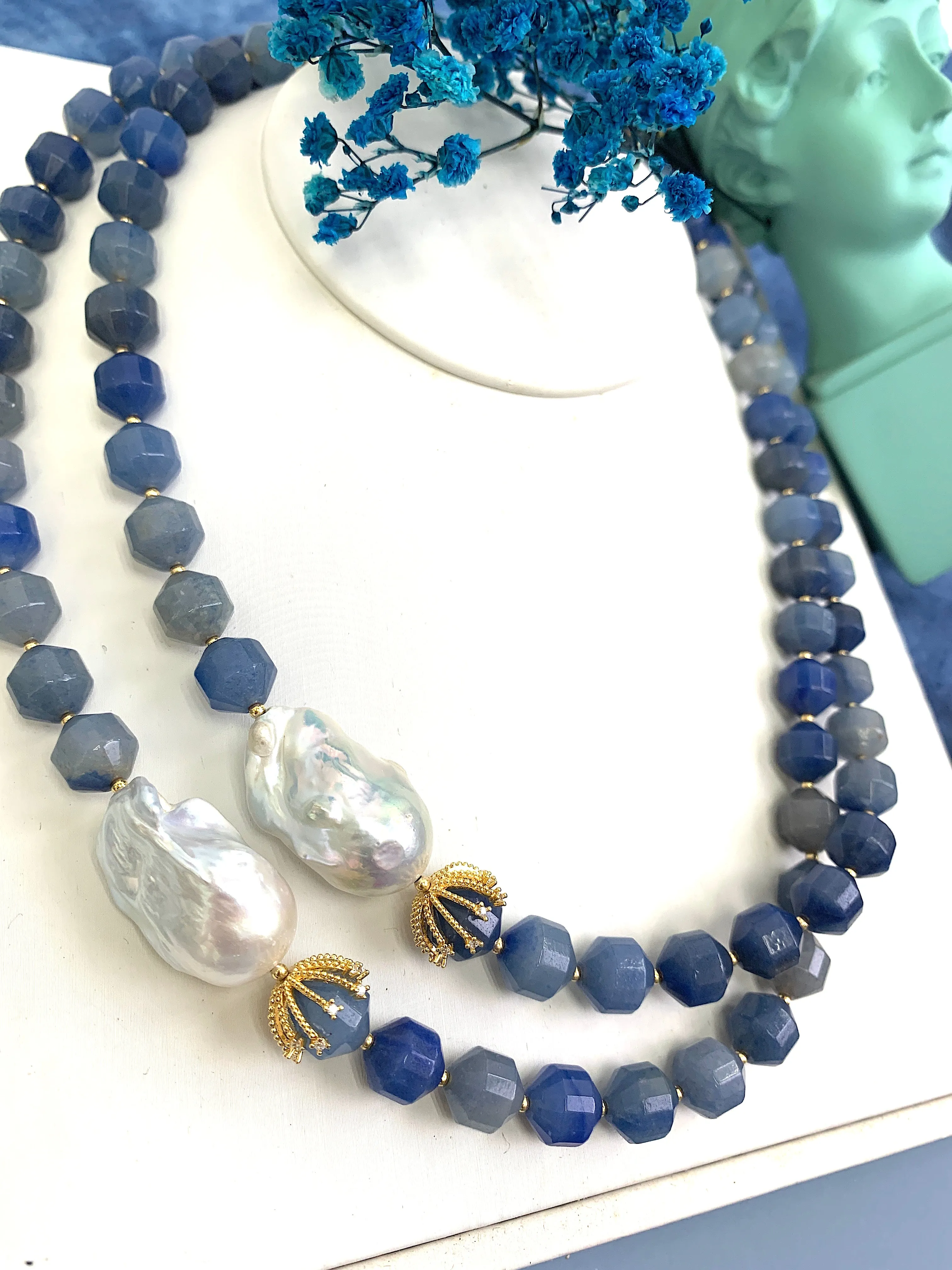 Blue Aventurine With Baroque Pearls Double Strands Necklace HN007