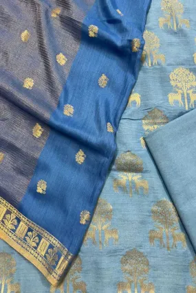 Blue Banarasi Handloom Pure Moonga Silk Three Piece Unstitched Suit Set