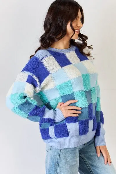 Blue Checkered Round Neck Sweater