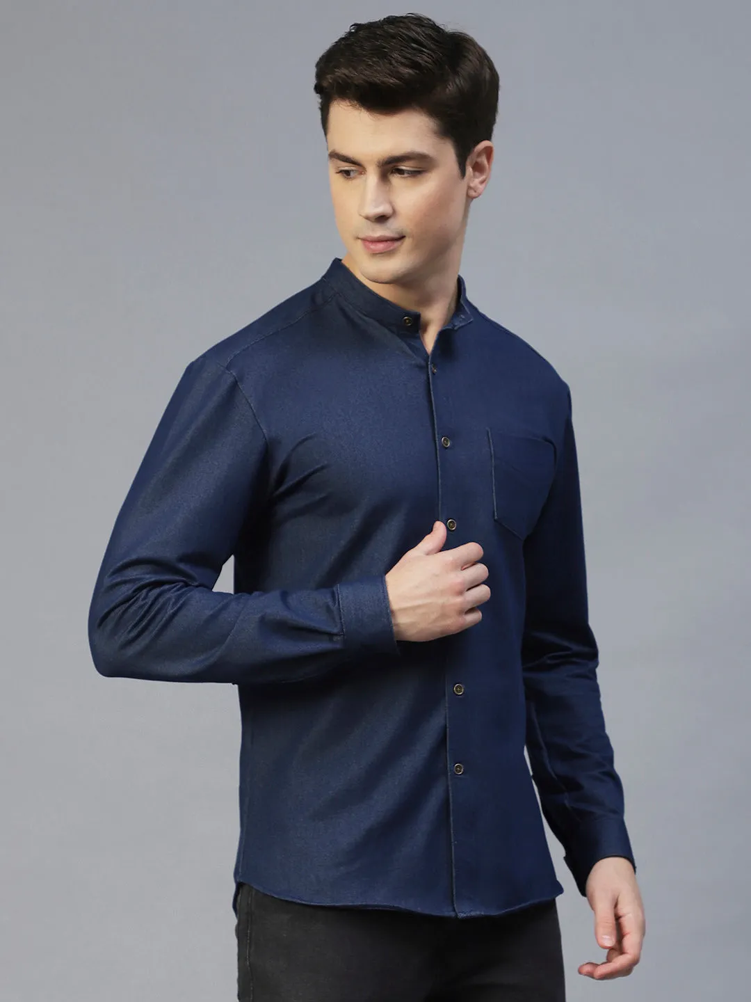 Blue Denim Banded Collar Full Sleeve Shirt