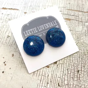 Blue Glitter Lucite Retro Button Stud Earrings