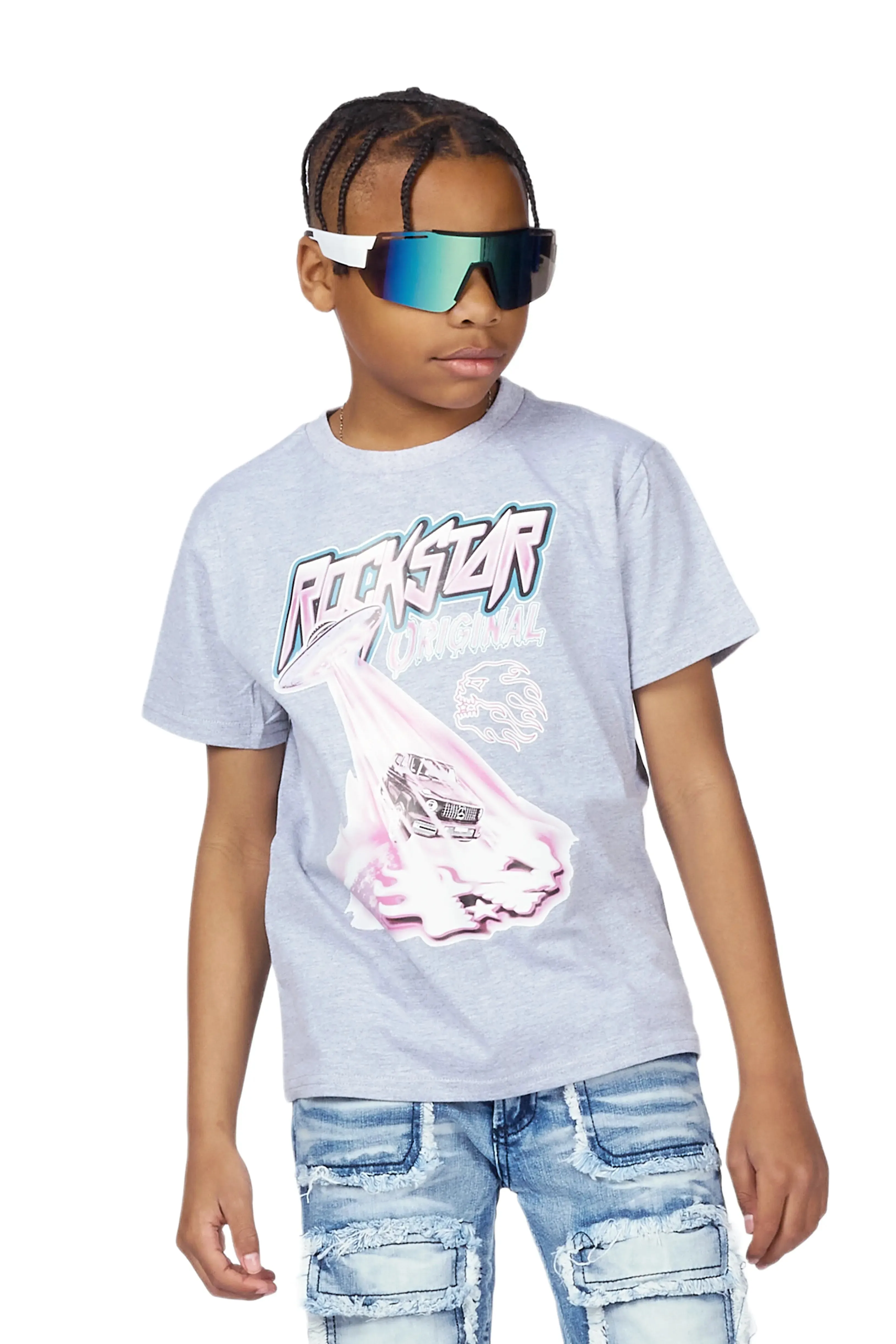 Boys Karik Grey/Blue T-Shirt/Stacked Flare Jean