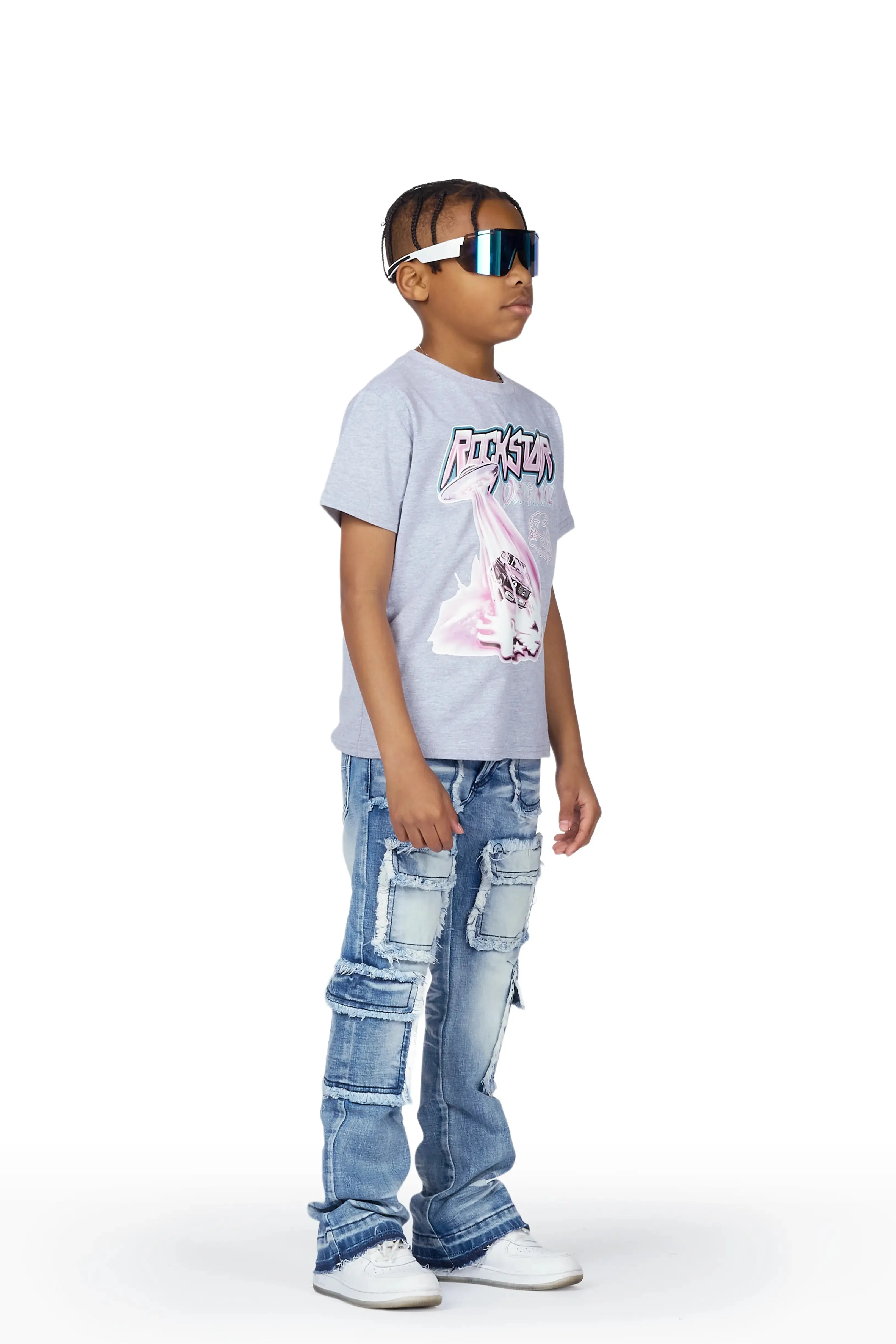 Boys Karik Grey/Blue T-Shirt/Stacked Flare Jean