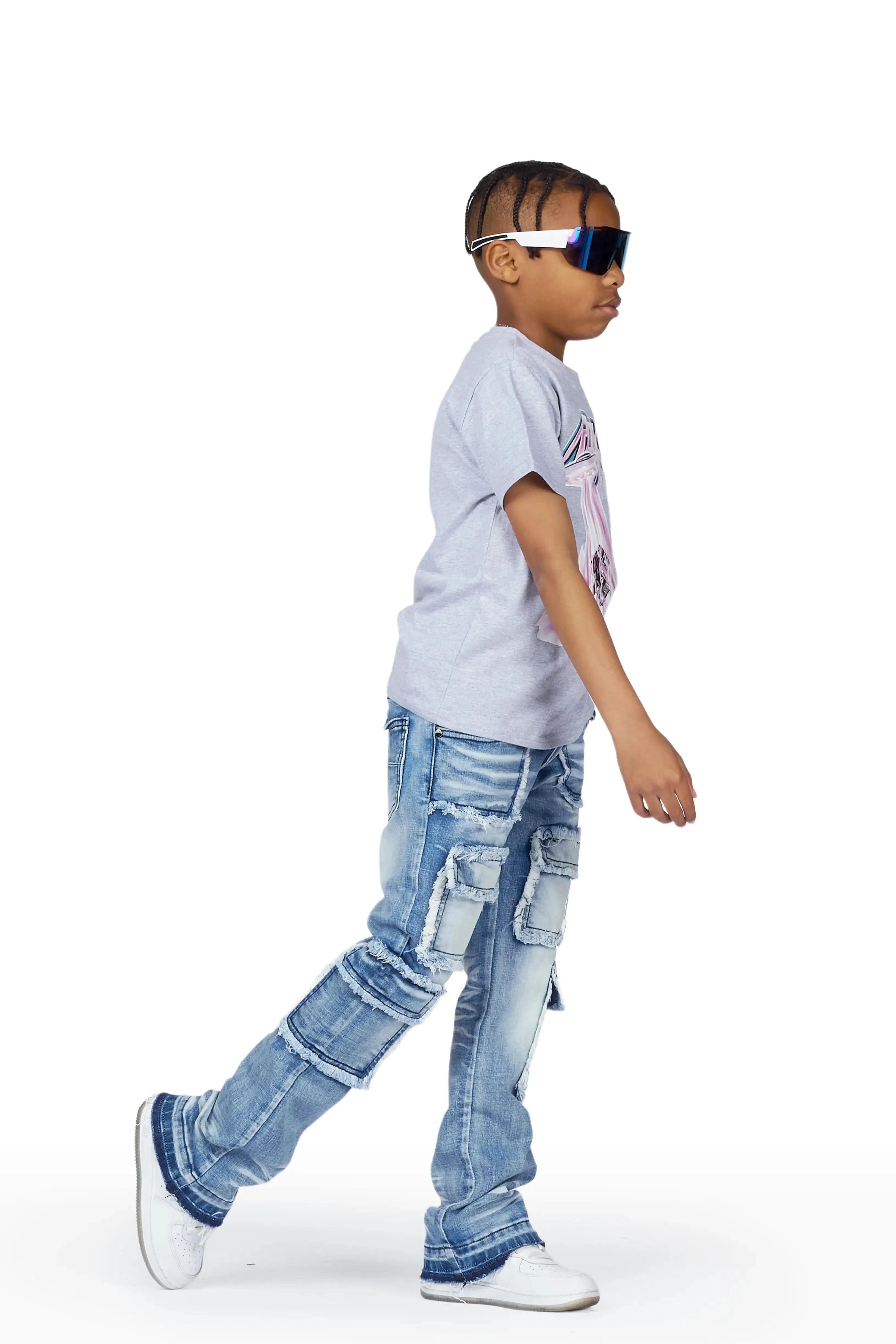 Boys Karik Grey/Blue T-Shirt/Stacked Flare Jean