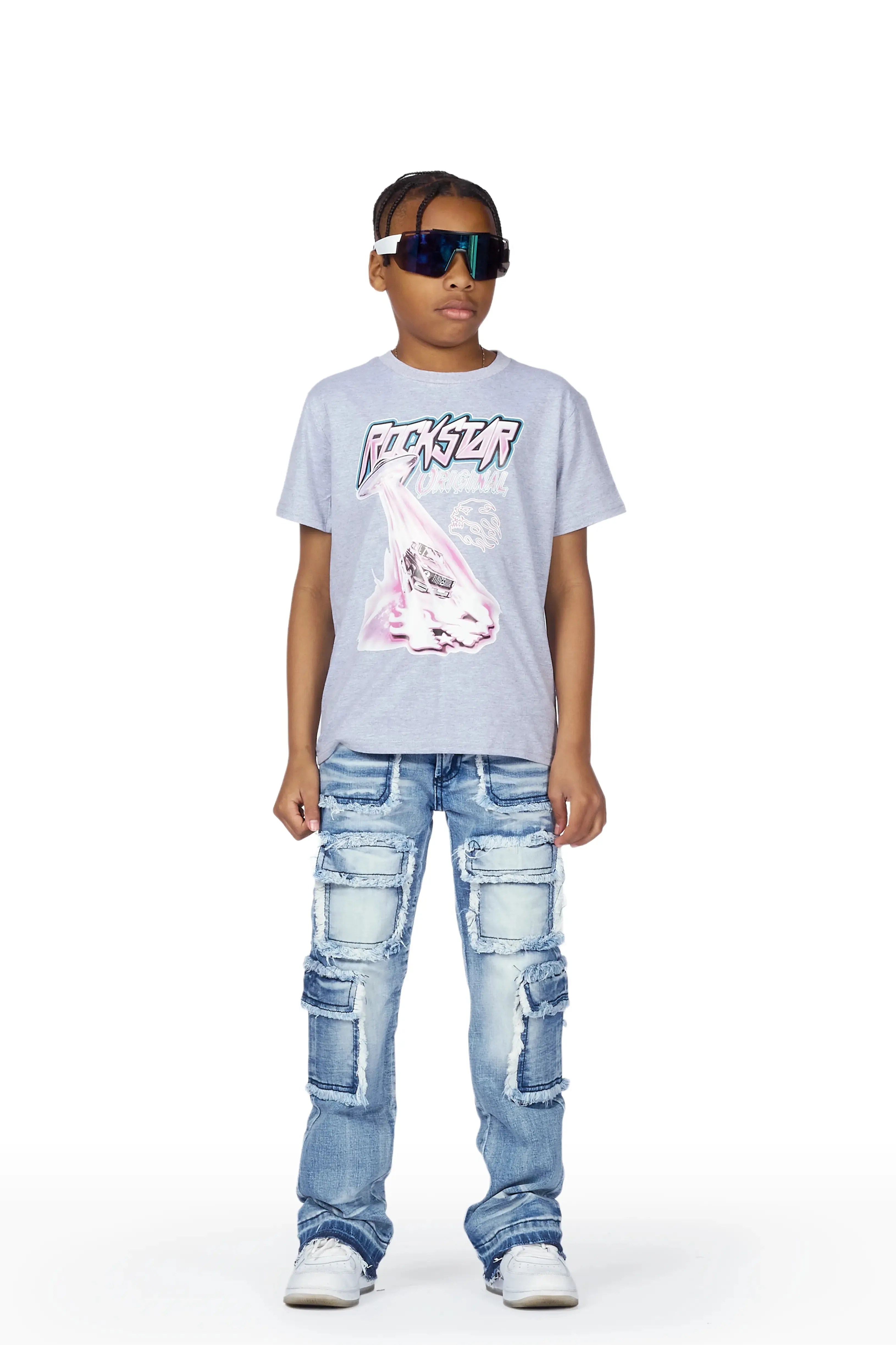 Boys Karik Grey/Blue T-Shirt/Stacked Flare Jean