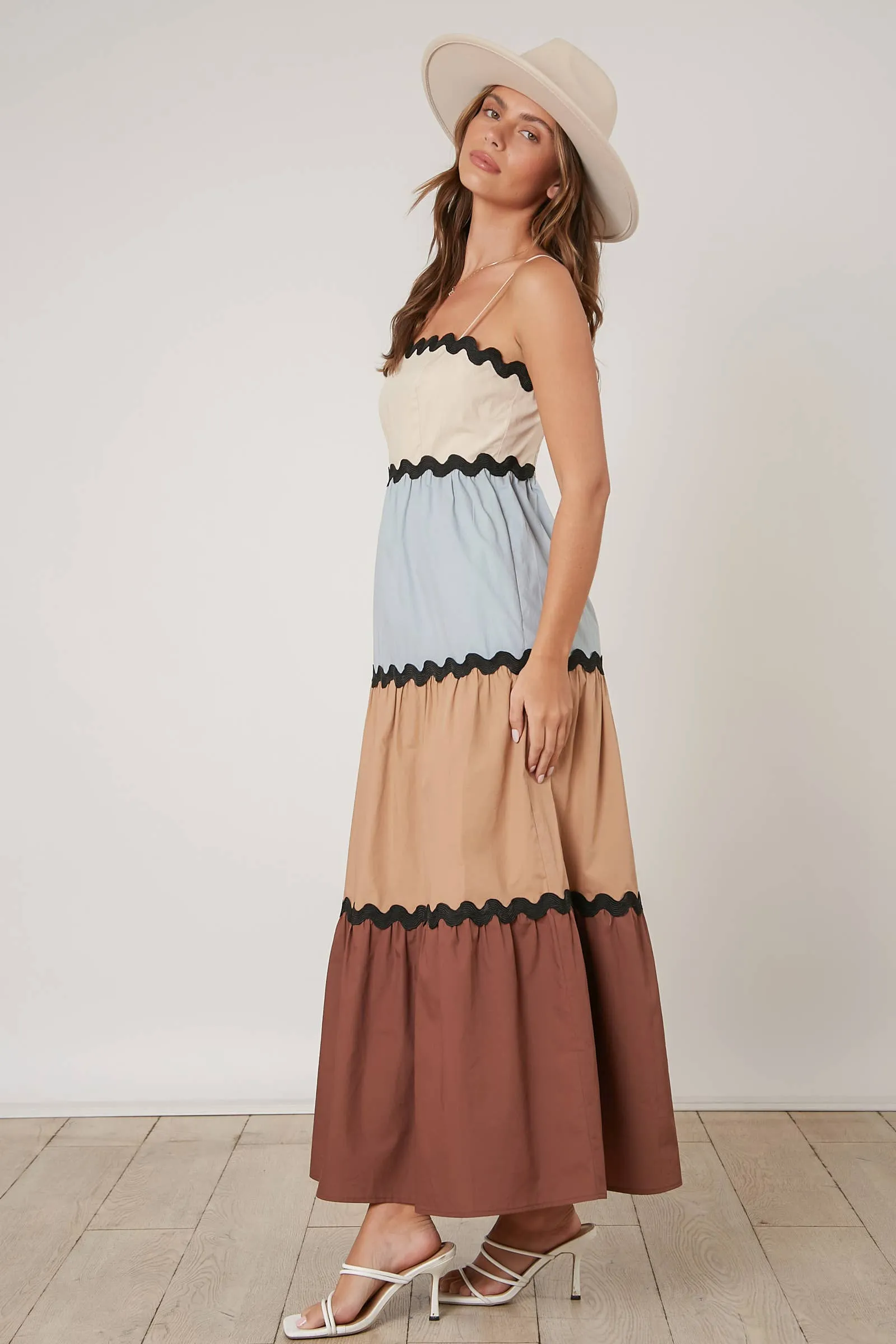 BROWN AND BABY BLUE COLOR BLOCKED TIERED MAXI DRESS