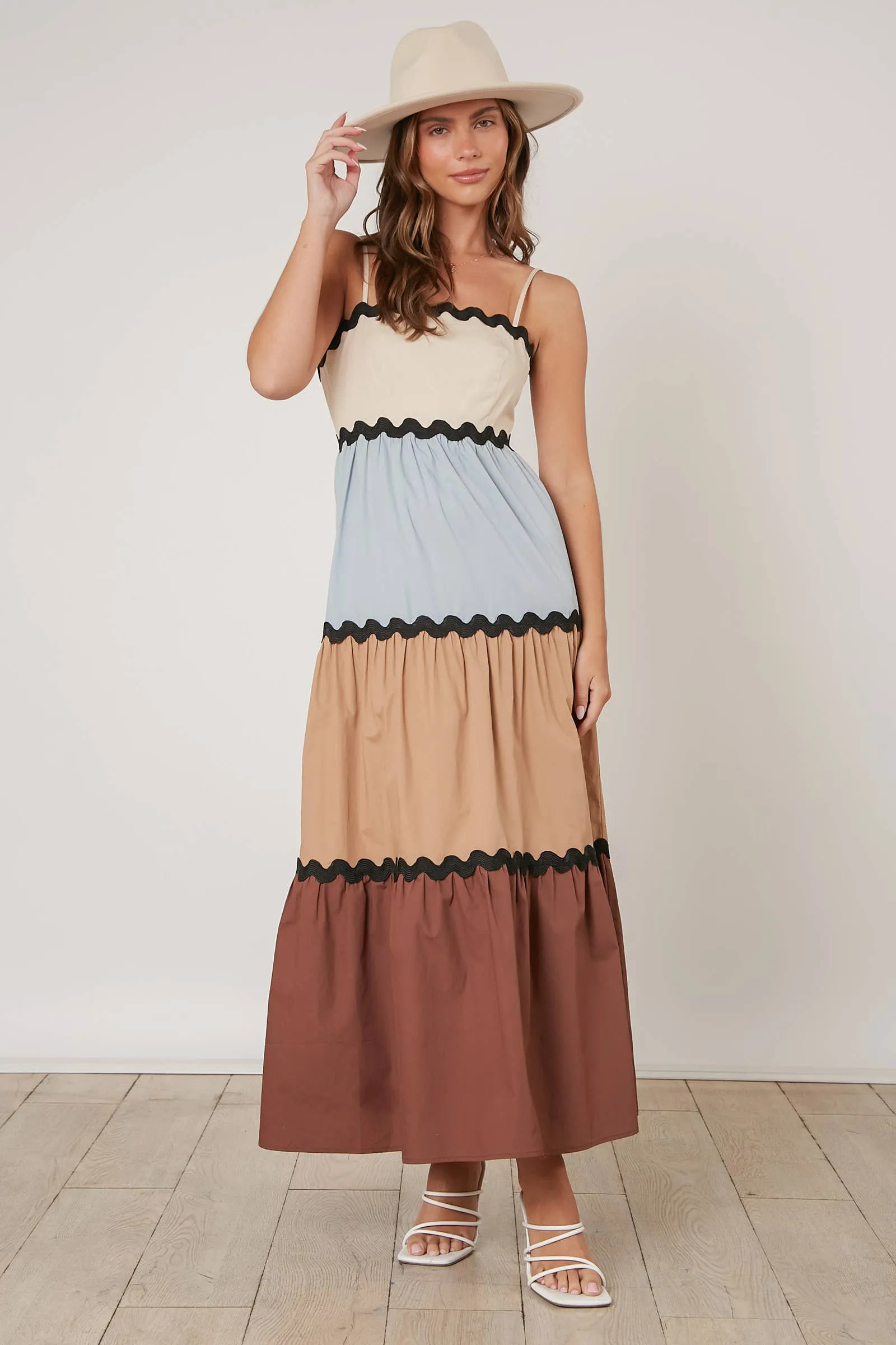 BROWN AND BABY BLUE COLOR BLOCKED TIERED MAXI DRESS