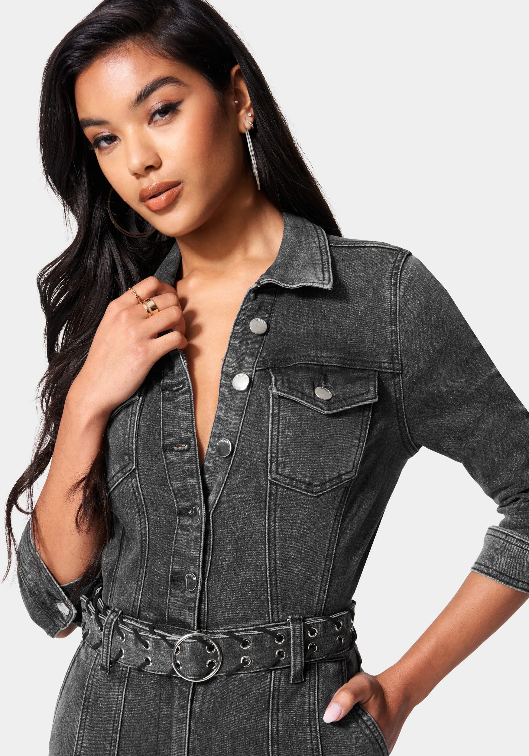 Button Down Belted Slim Denim Jumpsuit