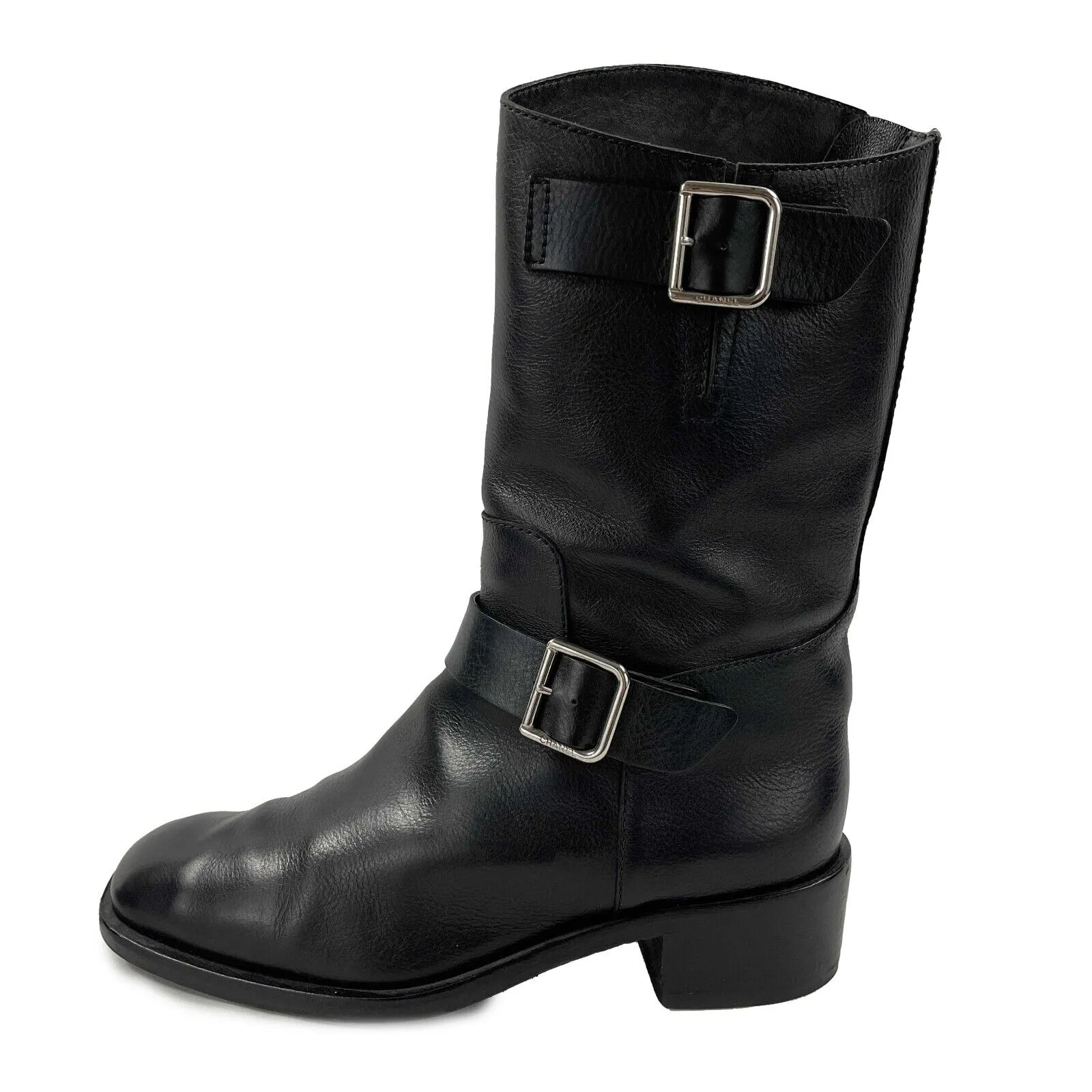 CHANEL - 14B CC Black Leather Buckle Moto Biker Boots - 38 US 8