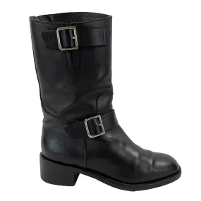 CHANEL - 14B CC Black Leather Buckle Moto Biker Boots - 38 US 8