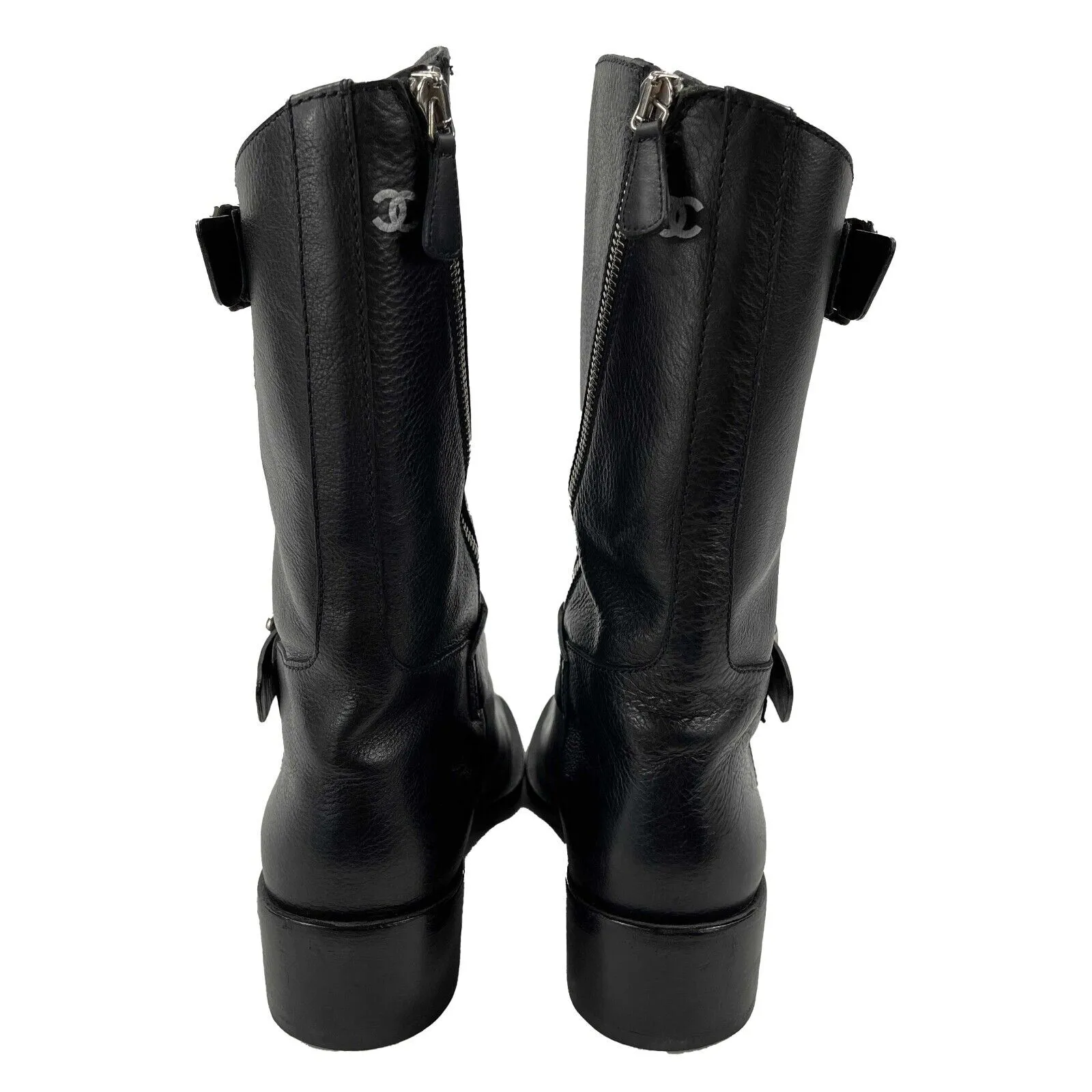 CHANEL - 14B CC Black Leather Buckle Moto Biker Boots - 38 US 8