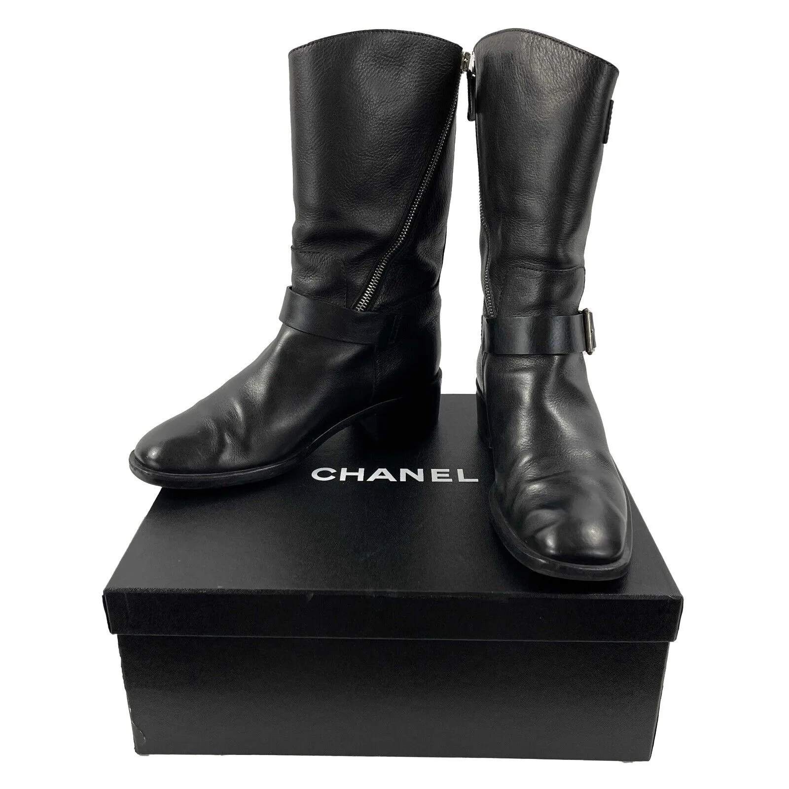 CHANEL - 14B CC Black Leather Buckle Moto Biker Boots - 38 US 8