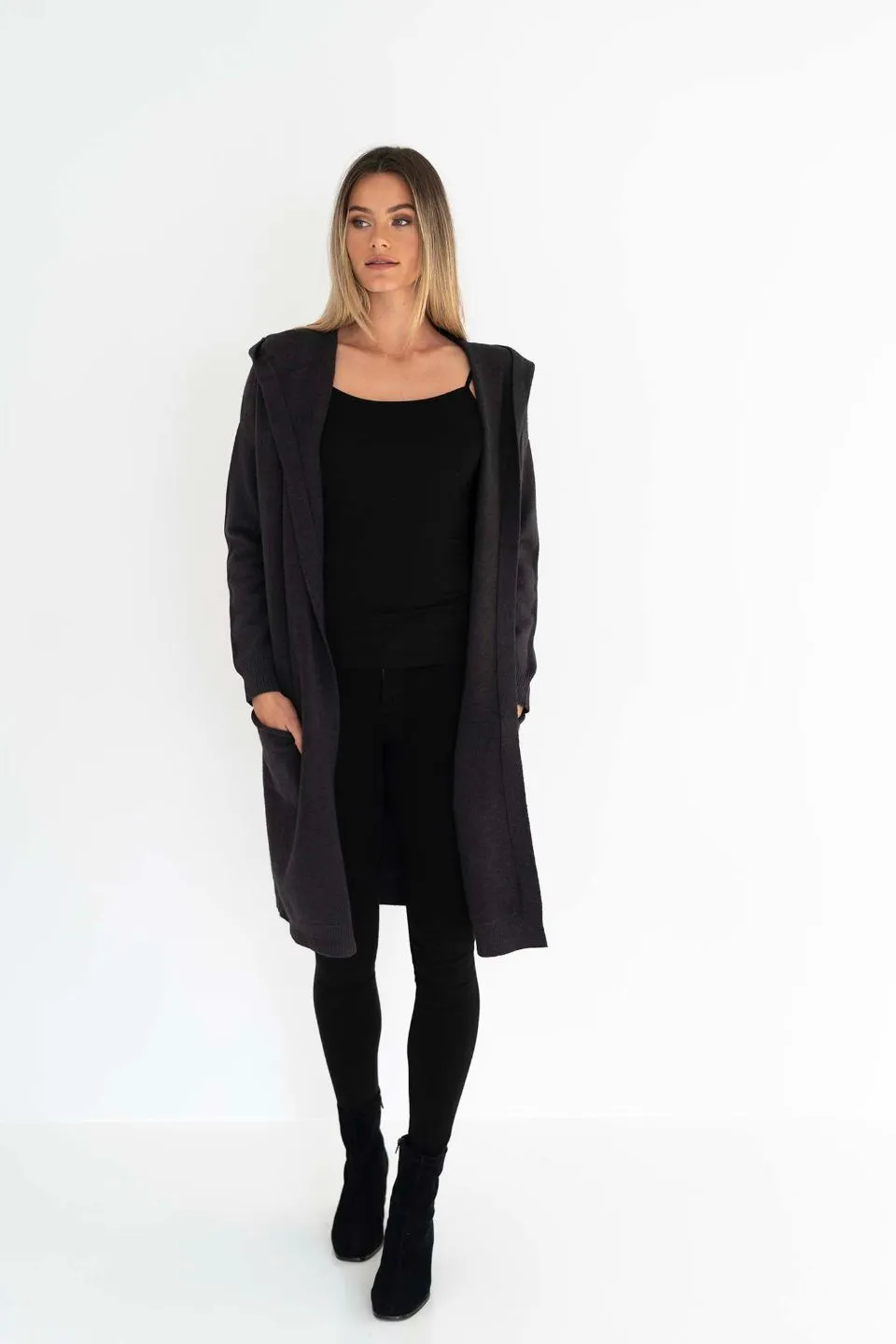 Chloe Pockets Hooded Charcoal Knit Cardi