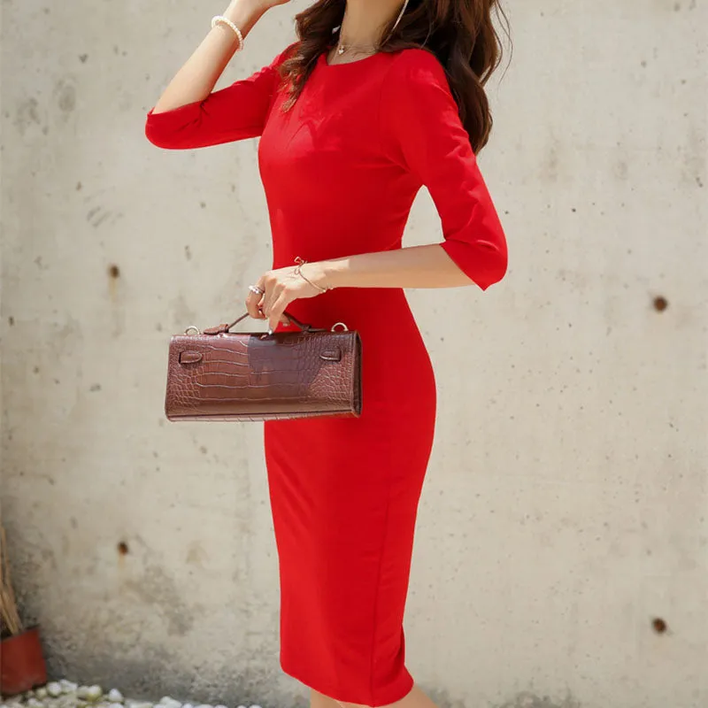 Classy V Back Half Sleeve Midi Pencil Dress Formal